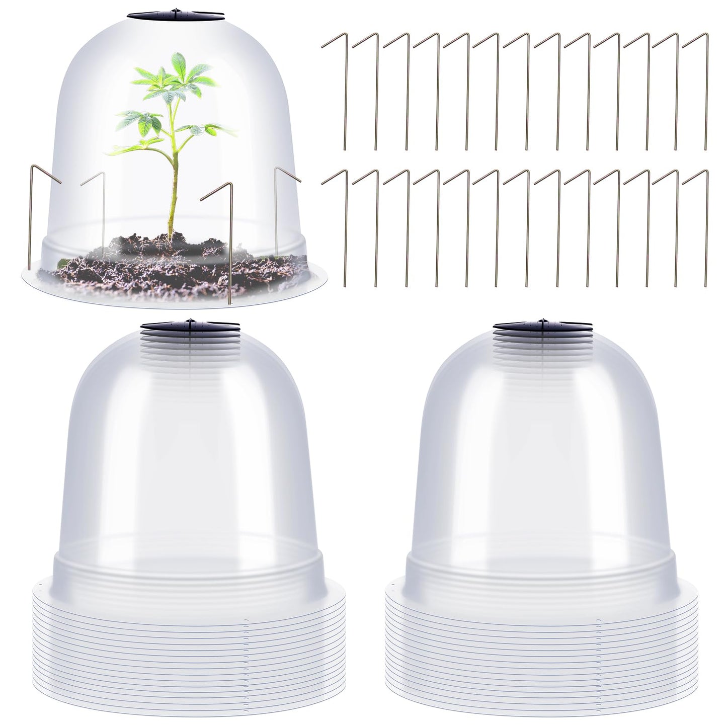 Zopeal 20 Pcs Small Humidity Plant Domes Garden Cloche 7.68" Dia x 6.7" H Reusable Thick Seedlings Frost Protector Covers Clear Plastic Mini Greenhouses with 80 Securing Pegs for Spring Outdoor Seed