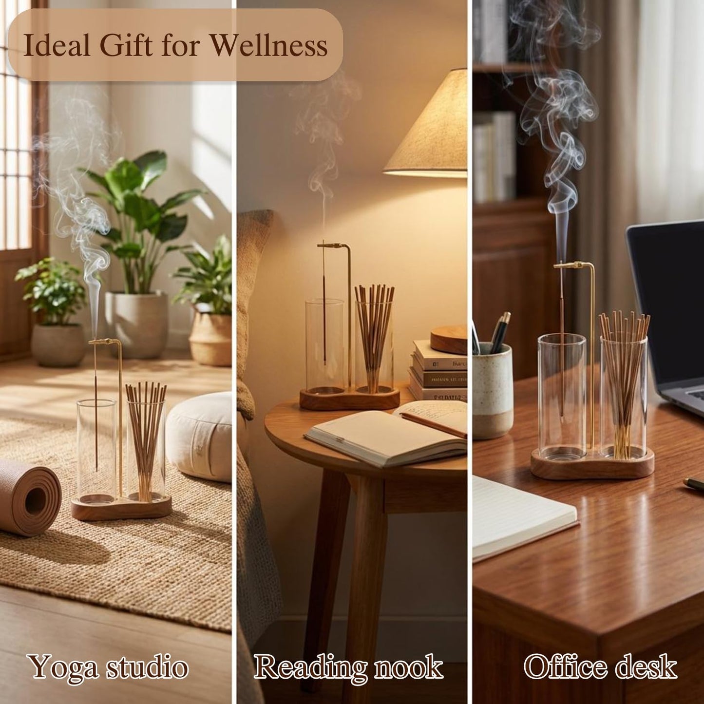 Incense Holder for Sticks with Glass Ash Catcher - Upside Down Anti-Ash Flying Incense Burner & Stick Storage Organizer, Ideal for Meditation, Yoga, Zen Home Decor, Spa Relaxation Gift (Natural Wood)