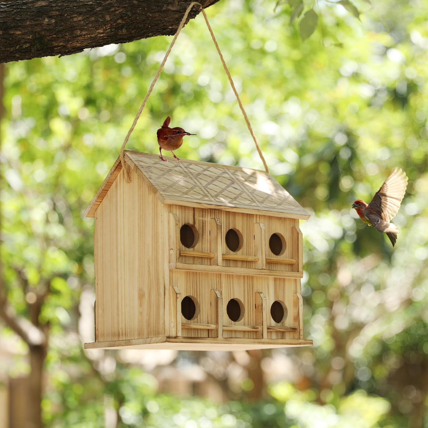 Bird Houses for Outside,12 Hole Bird House Room for 12 Bird Families - Large Wooden Outdoor Birdhouse Hanging for Bluebirds Hummingbirds Garden Decor