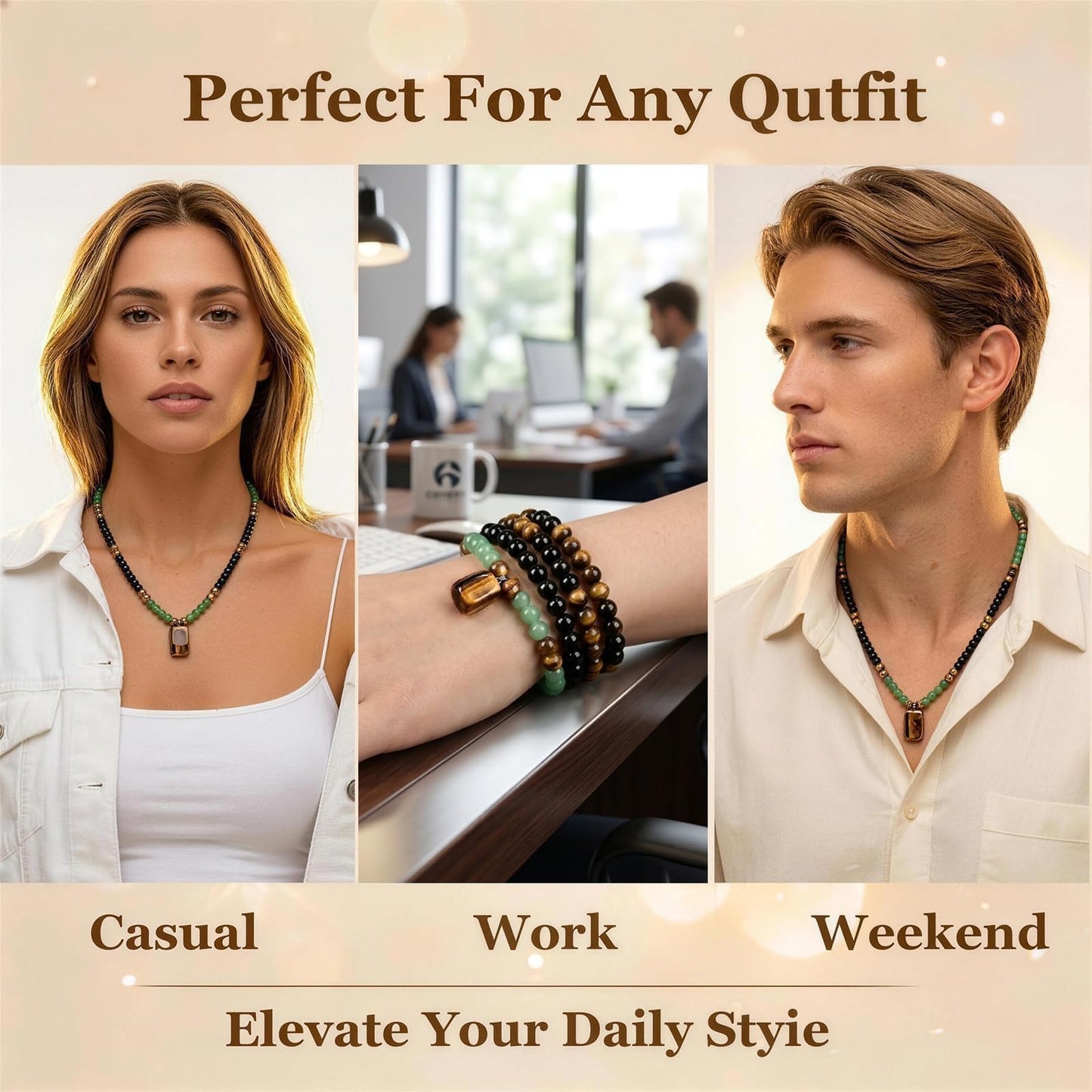 Money Bracelet and Necklace Long Jade Beaded Necklace for Men Protection Necklace for Women Money Attraction Necklaces Amulet Feng Shui Wealth Spiritual Crystal Jewelry Hematite Obsidian Tiger Eye Jewelry Gifts