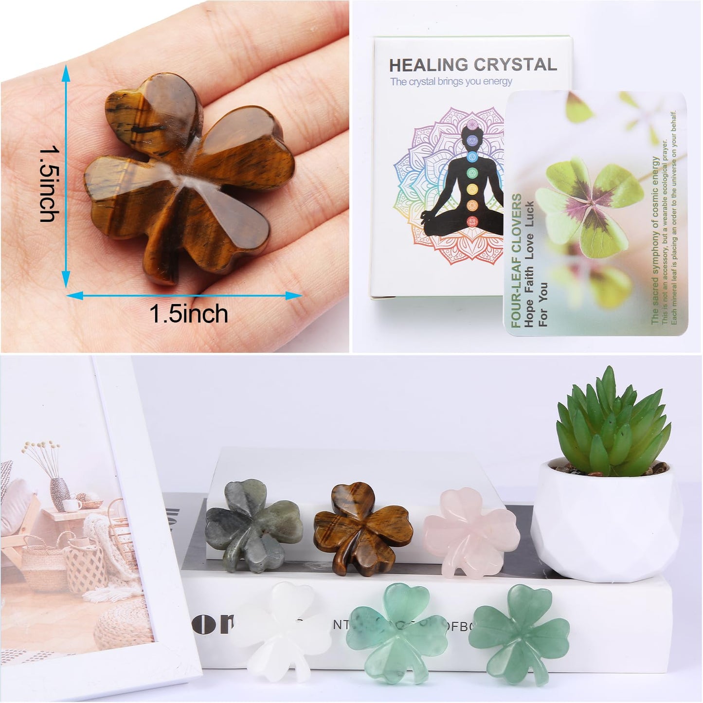 Hguxmcu Natural Tigers Eye Four Leaf Clover - Feng Shui Lucky Crystal for Love Positivity, Polished Healing Stone Decor, Birthday Gift for Her Gift for Women Men