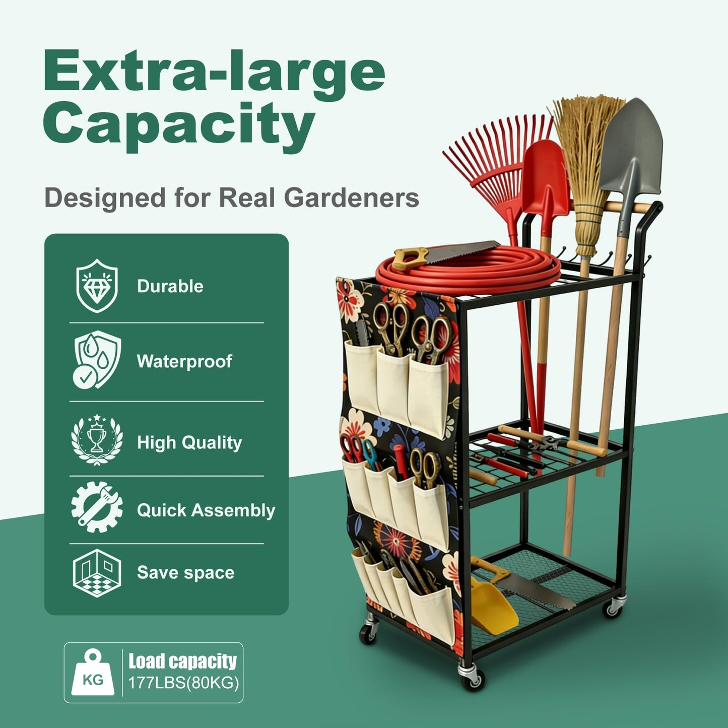 Garden Tool Organizer with Wheels & Storage Bag, 40 Inch Rolling Mobile Cart, 6-Hook Metal Storage Rack with Mesh Panel for Garage Shed Patio Organization, Black