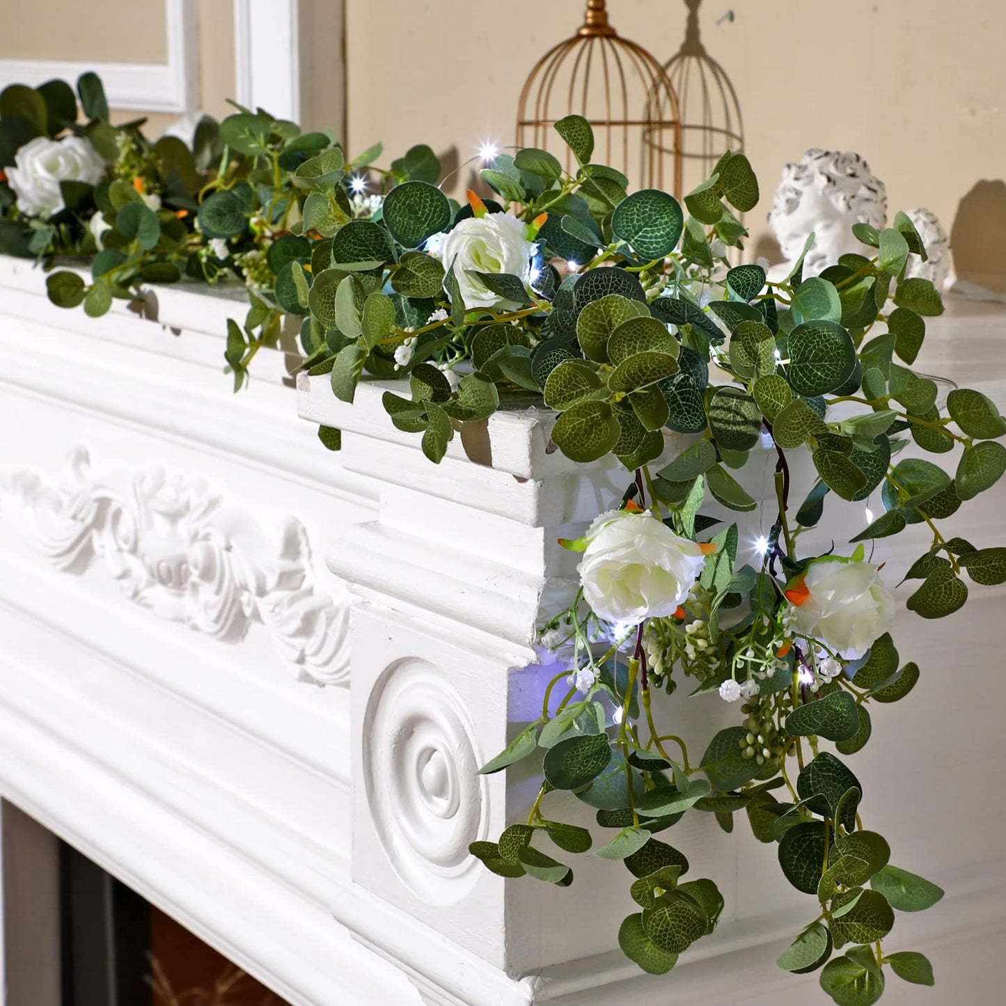 2 Pieces 6.5 ft Eucalyptus Garland with 20 LED Light Bar and Rose Flowers Artificial Eucalyptus Flower Vines for Wedding Arch Party Tables Centerpiece Backdrop Party Decor