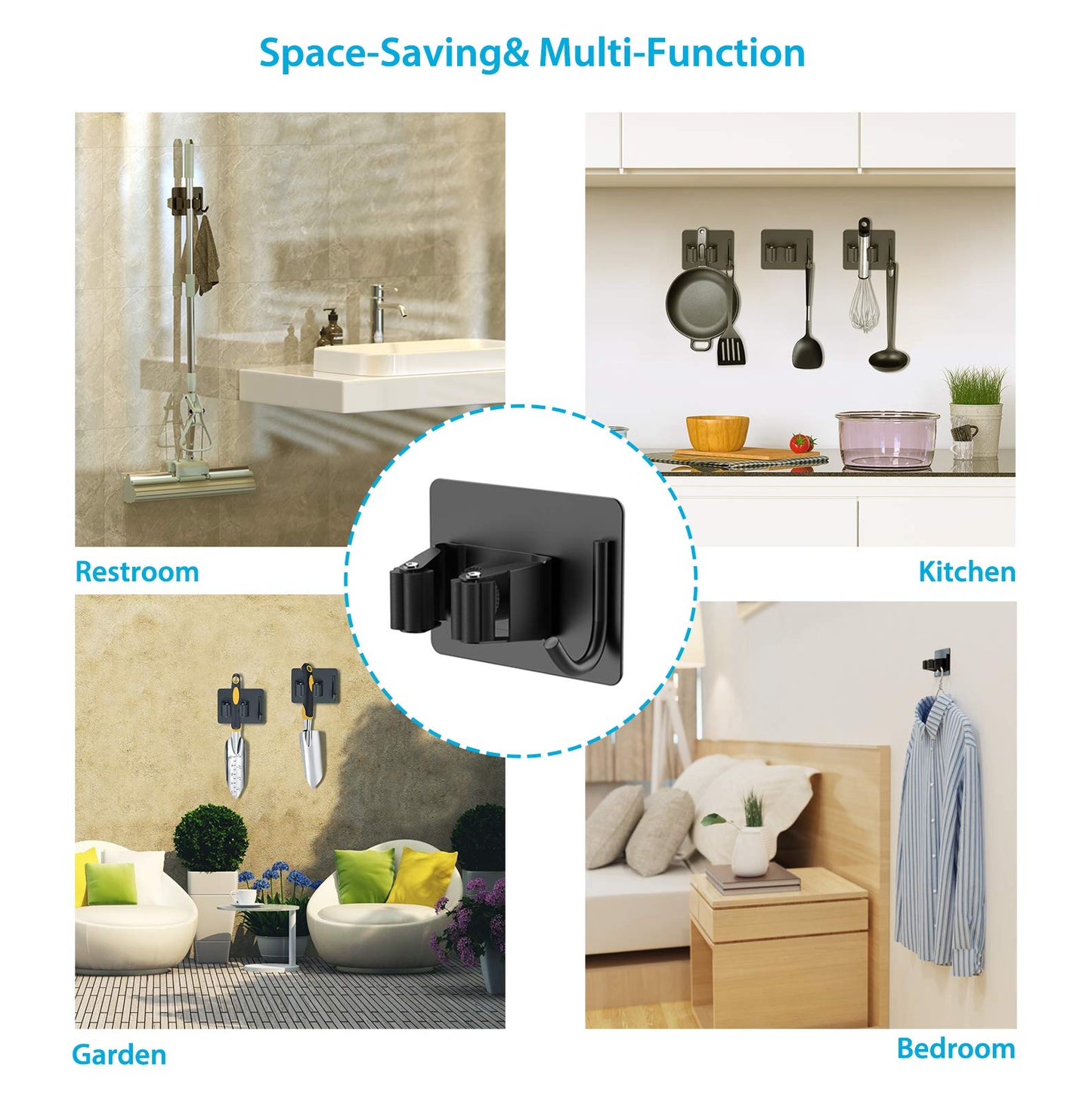 homeasy Mop Broom Holder No Drill, Mop Broom Organizer Wall Mounted Heavy Duty with Hooks Hanger, Self Adhesive Stainless Steel 4Pcs for Bathroom, Kitchen, Office (Black)