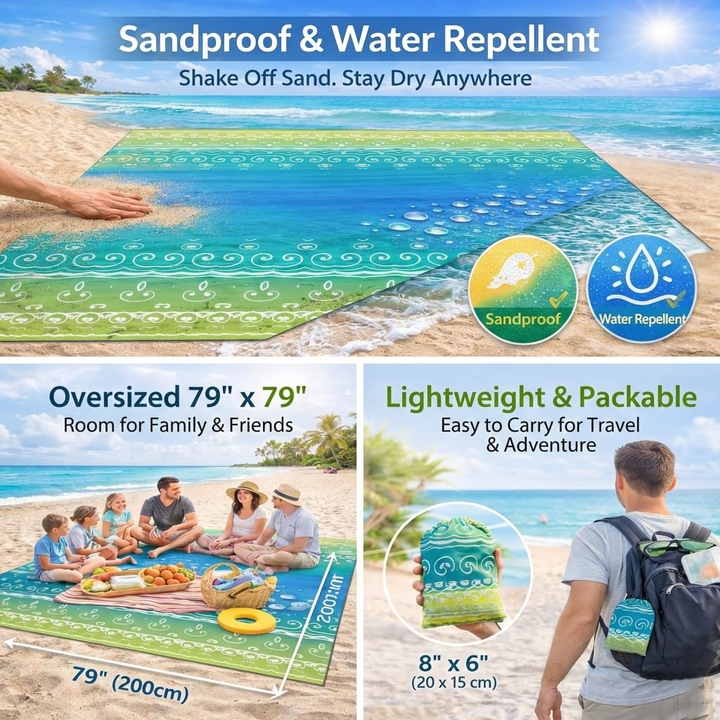 HZJOYUE Oversized Beach Blanket (79" x 79") - Sandproof & Waterproof Outdoor Picnic Mat for 4-7 Adults - Lightweight, Foldable & Portable Ground Cover for Travel, Camping, Festivals