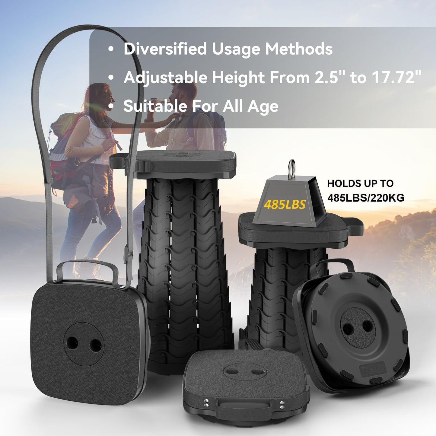 Guioiby 2025 Upgraded Portable Folding Stool, Collapsible Stool, Telescoping Camping Stool with Max Load Capacity 485lbs, Square Retractable Seat for Camping Gardening Fishing Hiking BBQ[Black]