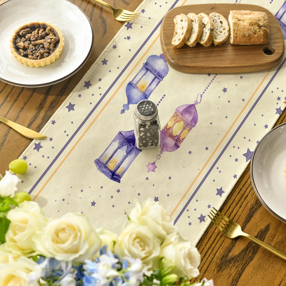 Artoid Mode Ramadan Moon Lantern Floral Table Runner, Seasonal Kitchen Dining Table Decoration for Home Party Decor 13x72 Inch