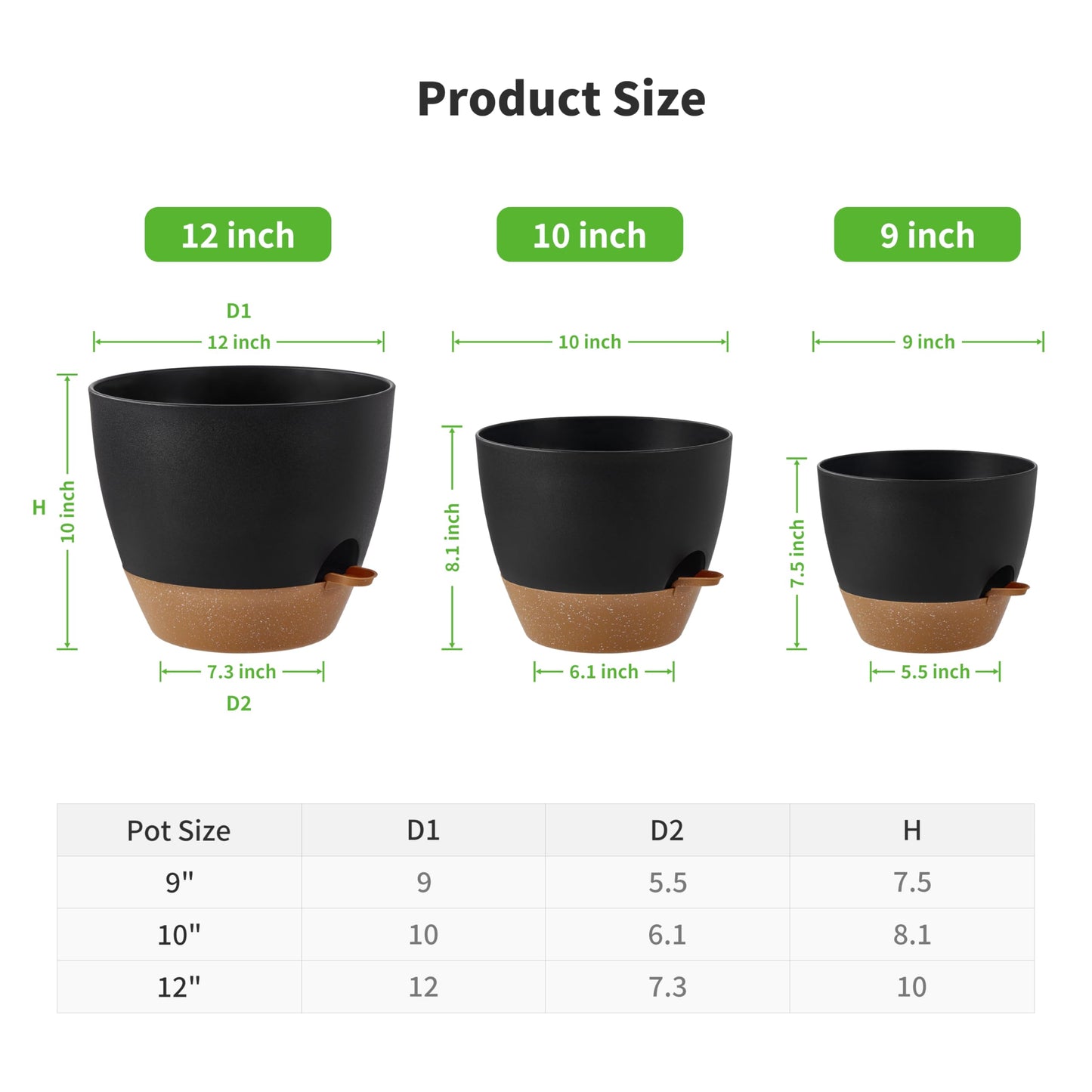 FaithLand 3-Pack Large Planter Pots, 12 10 9 Inch Self Watering Flower Pots for Indoor Outdoor Garden Plants, Black with Brown