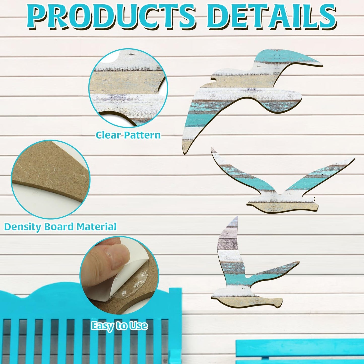 HINGTAI 3Pcs Wood Seagull Beach Wall Art, Nautical Self-adhesive Seagull Decorations, Coastal Themed Decors for Home Bedroom Living Room