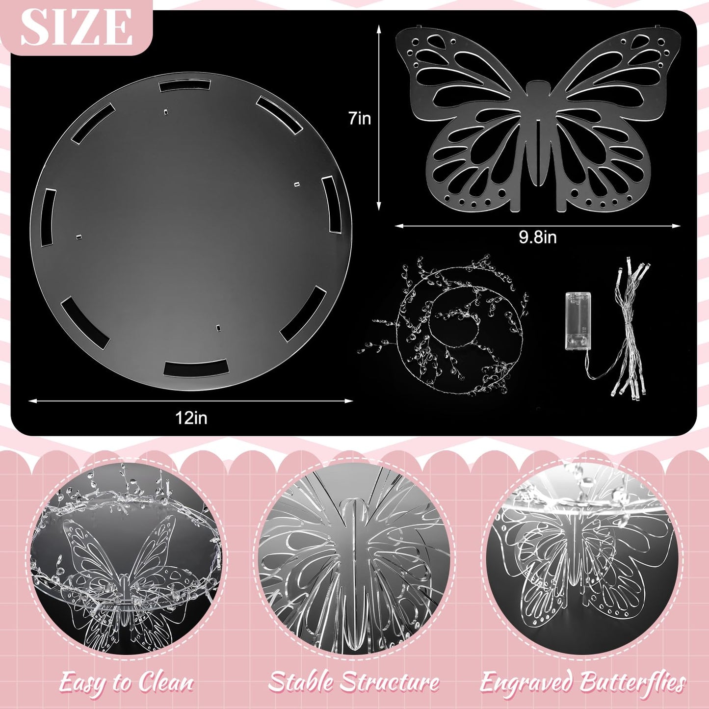 Lineshading 12 Butterfly Cake Stand Acrylic Lighted Cake Holder Acrylic Serving Platter with String Lights Water Drop Diamond String Cupcake Stand Round for Wedding Birthday Dessert Table
