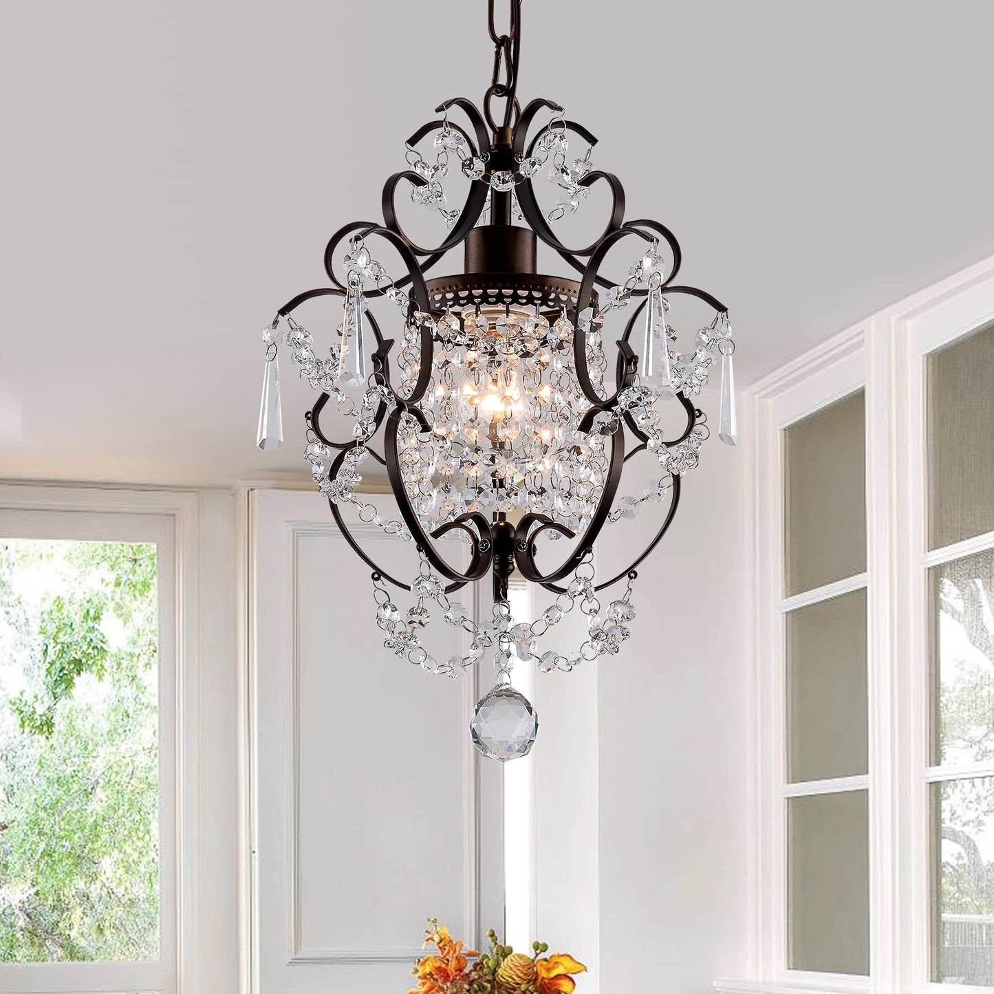 FLSFU Modern Mini Crystal Chandelier,Iron Bronze Crystal Light Fixtures Ceiling Mount 1 Light Small Chandeliers for Bedroom Elegant Hanging Lighting for Girls Room Dining Room Closet Kitchen Island
