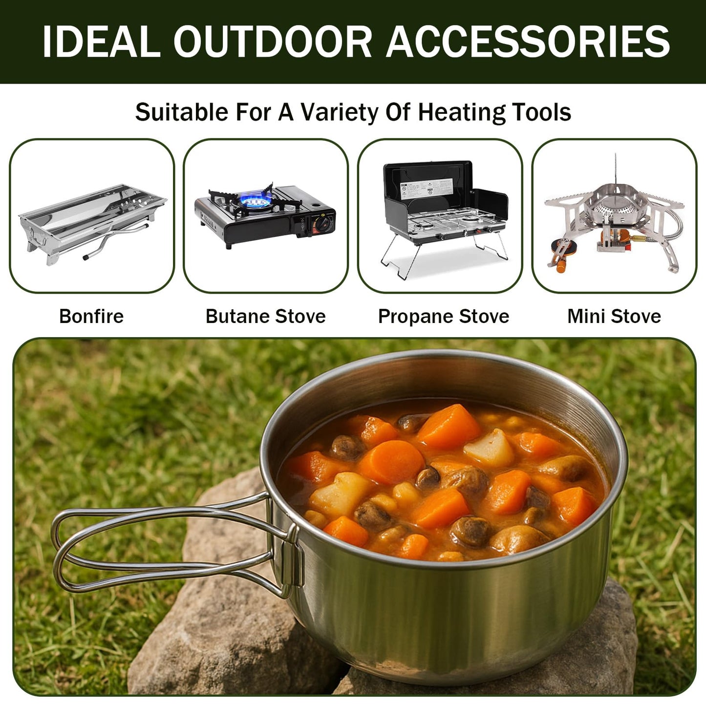 JJUNW 14Pcs Stainless Steel Camping Cookware Set, Lightweight Compact Camping Pots Pans Set with Cups Plates Forks Knives Spoons for Backpacking Camping-Cooking Hiking and Picnic