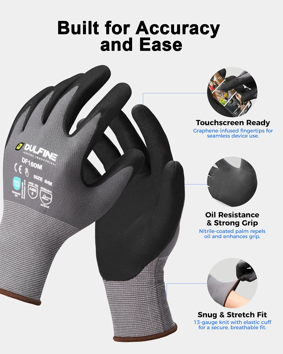 DULFINE Safety Work Gloves MicroFoam Nitrile Coated-12 Pairs Pack,Seamless Knit Nylon Glove with Black Micro-Foam Nitrile Grip,Ideal for General Purpose,Automotive,Home Improvement,Painting(Medium)