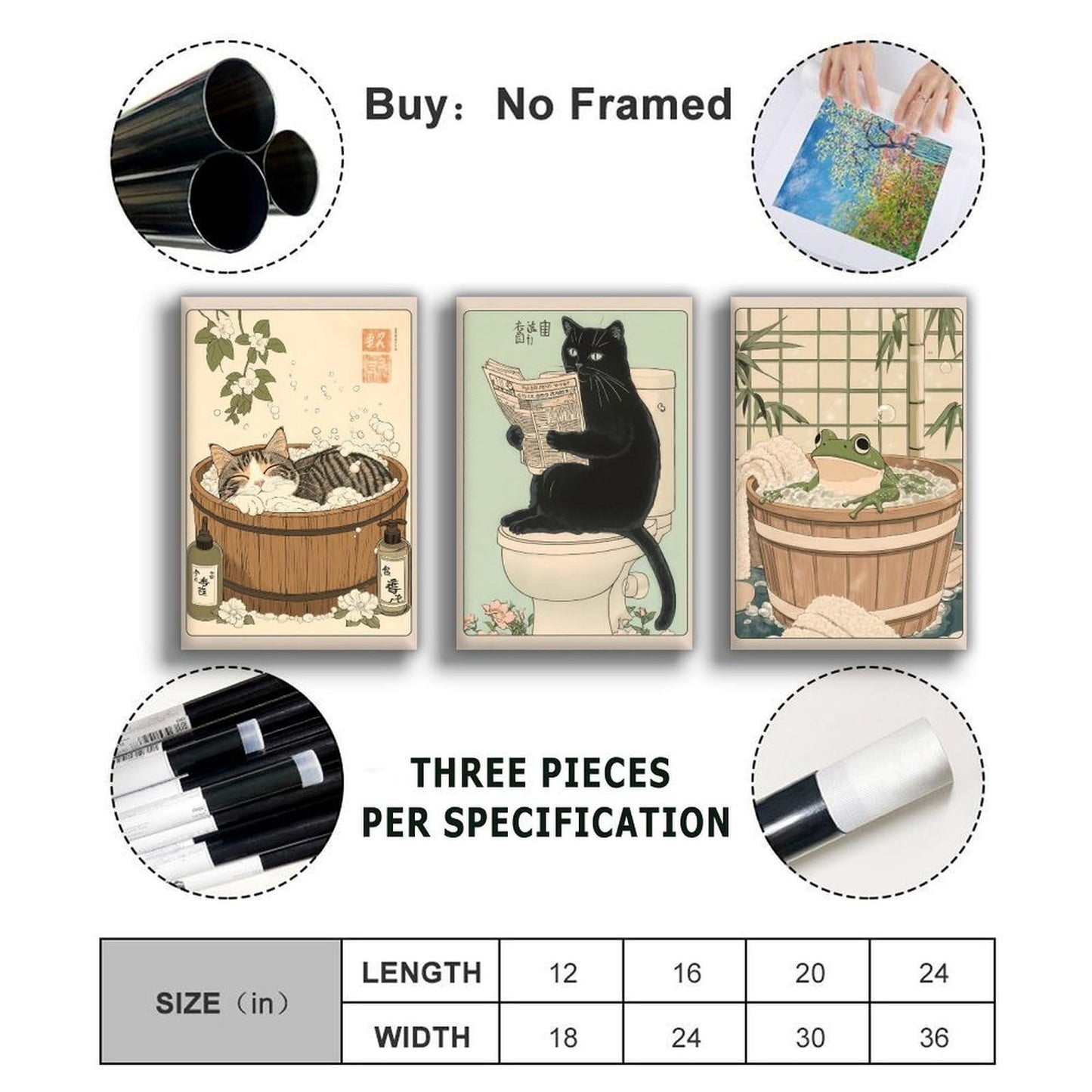 KERAXL Anime Cats Bathroom Poster Art Print, Funny Animal Bathroom Japanese Culture Wall Art Decor Cute Toilet Unframe 08×12inch(20×30cm) Set Of 3
