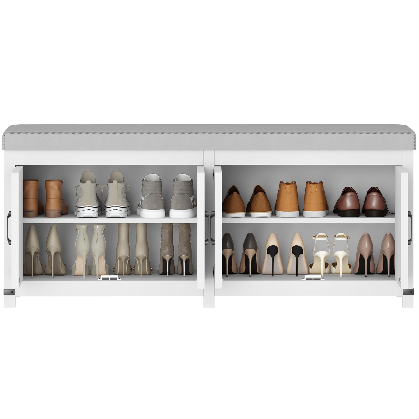 Hzuaneri Shoe Storage Bench, 2 Tier Shoe Bench with Padded Seat Cushion & 4 Barn Doors, Entryway Bench with Adjustable Shelf, Farmhouse Shoe Cabinet for Living Room, Bedroom, White SB31203GY