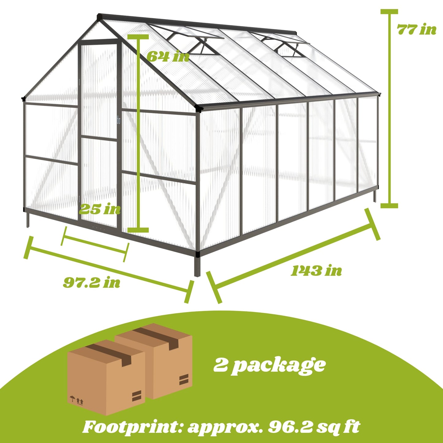8x12 FT Greenhouses for Outdoors, Polycarbonate Greenhouse with PC Panels, Greenhouses for Outdoors for Yard, Garden, Hobby, Charcoal Black