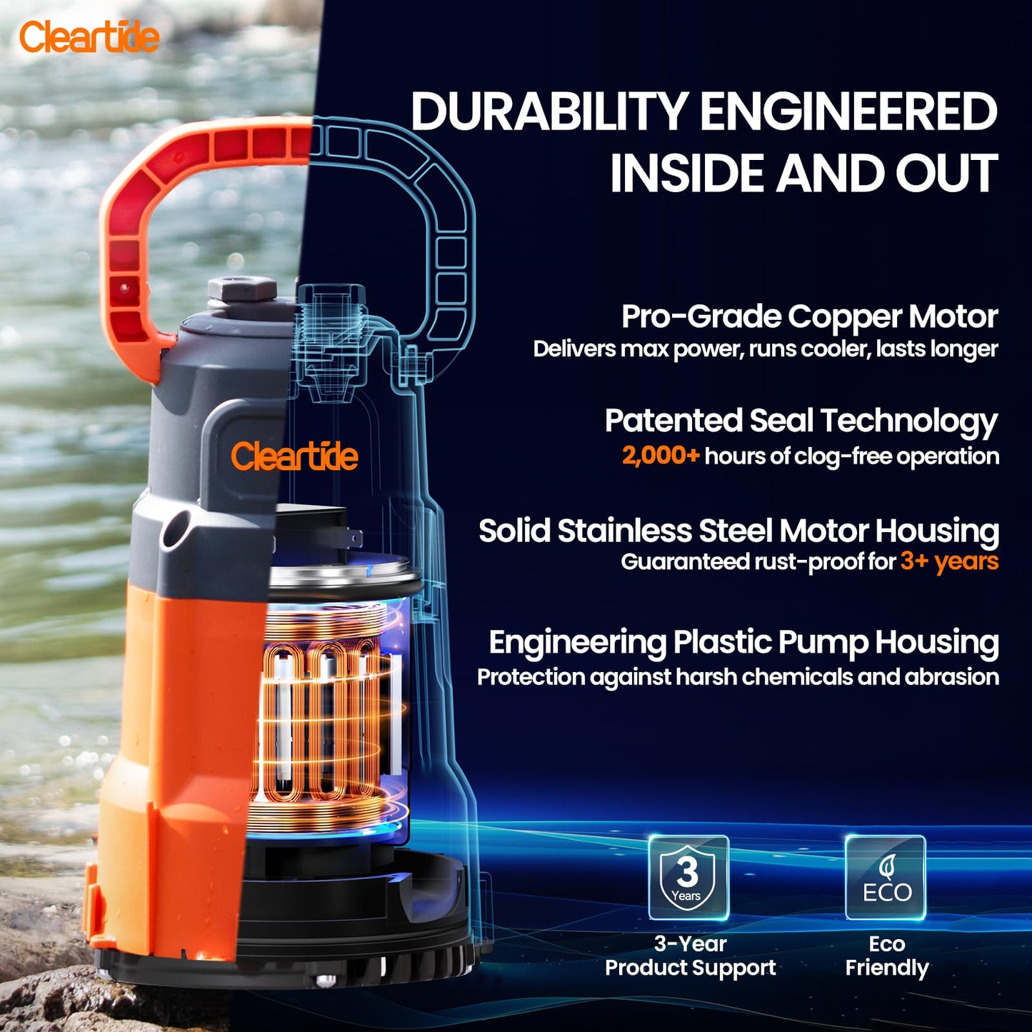 Cleartide Utility Pump, 8160 LPH Submersible Water Pump for Pool Draining, Hot Tub, Basement, 100% Copper Motor, Electric Drain Pump Handles 1/8" Solids, 10 FT Cord