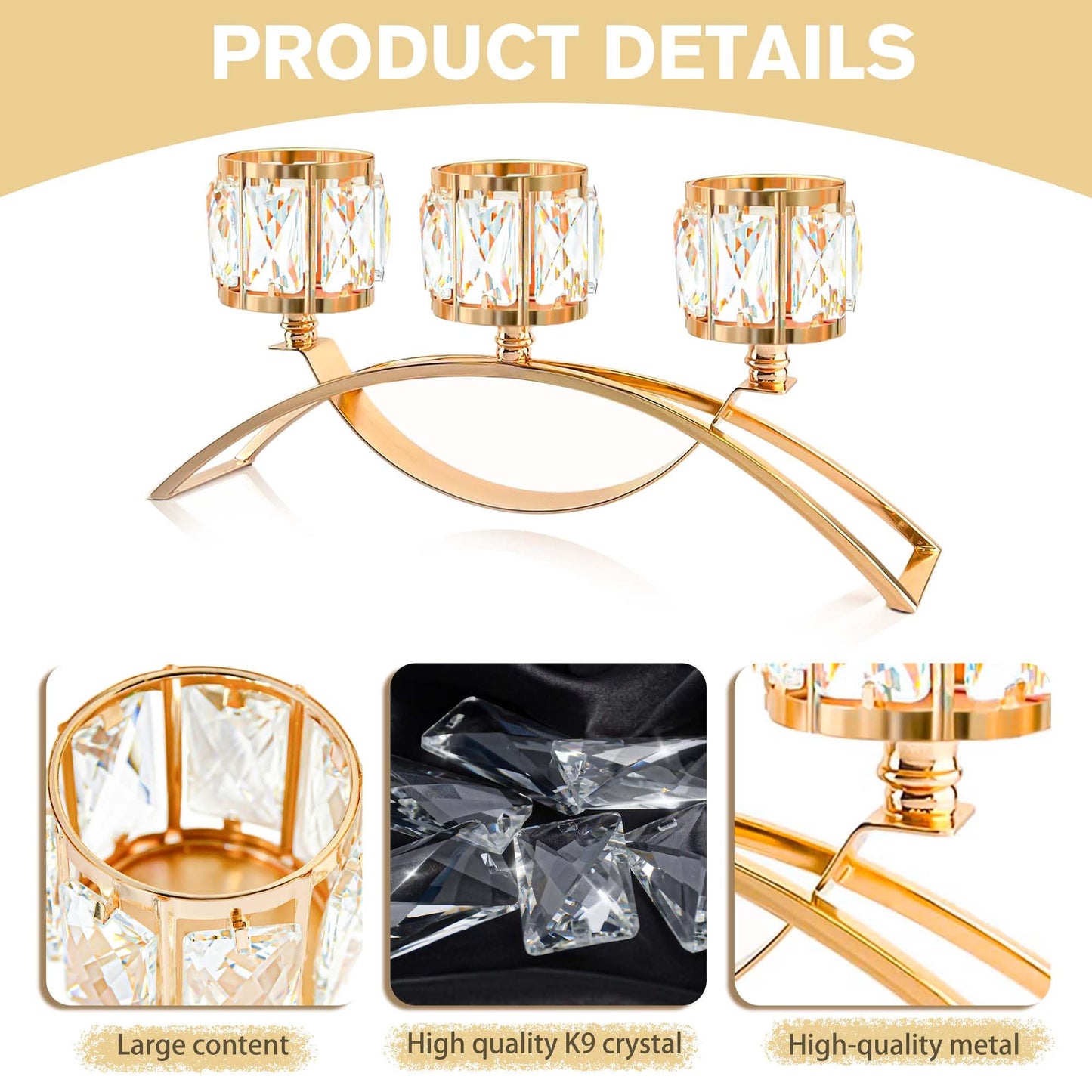 KEHAIL 3 Arms Crystal Candle Holders, Arch Candlestick Table Candelabras Centerpieces for Wedding, Dinning Room, Cabinet Ornaments, Home Decoration， Gift (3-arm Arched, Gold)