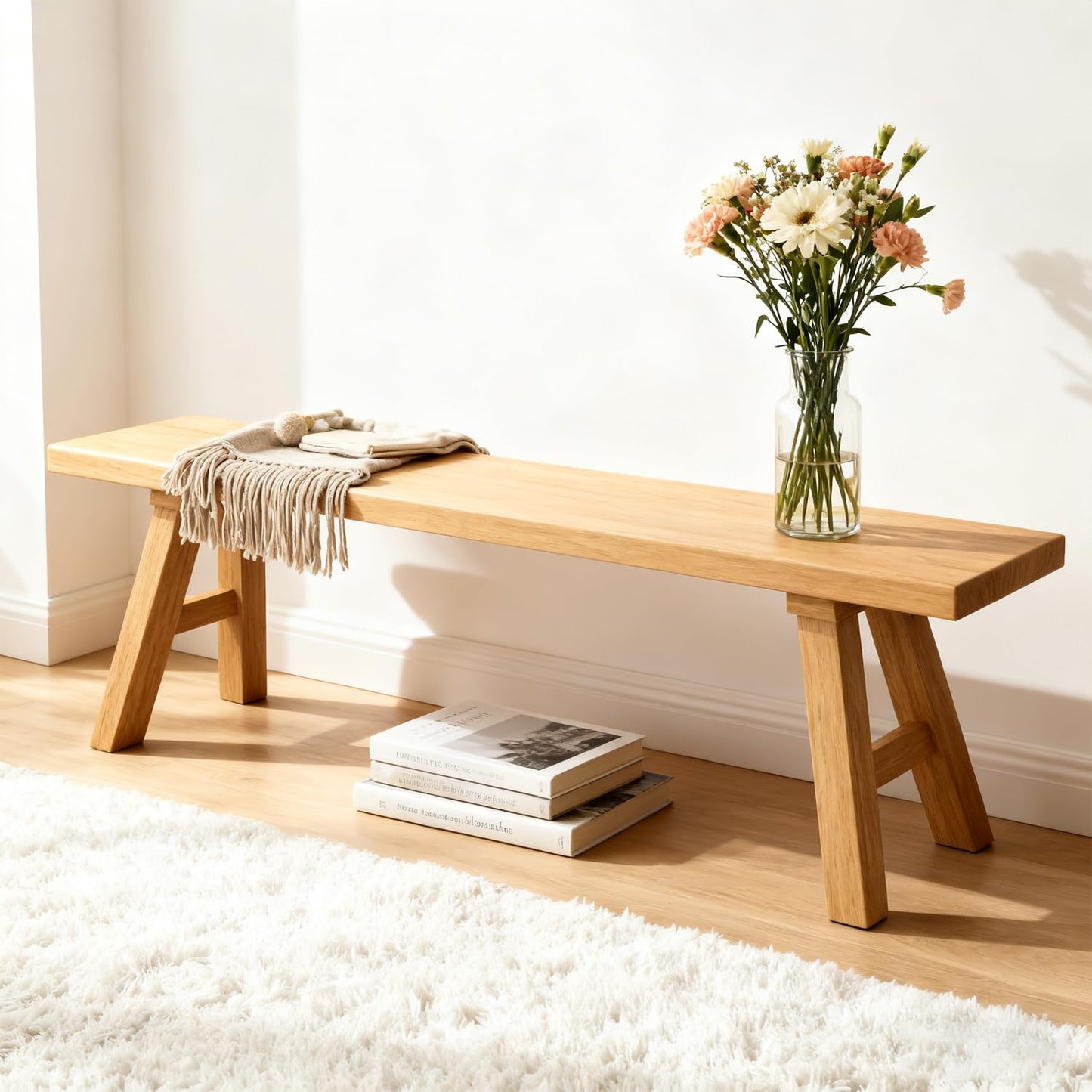 BTUASSDY 47.2" Solid Wood Entryway Bench - Extra Long Elm Wood Farmhouse Dining Bench for Hallway, Bedroom, Kitchen - Antique Natural Finish