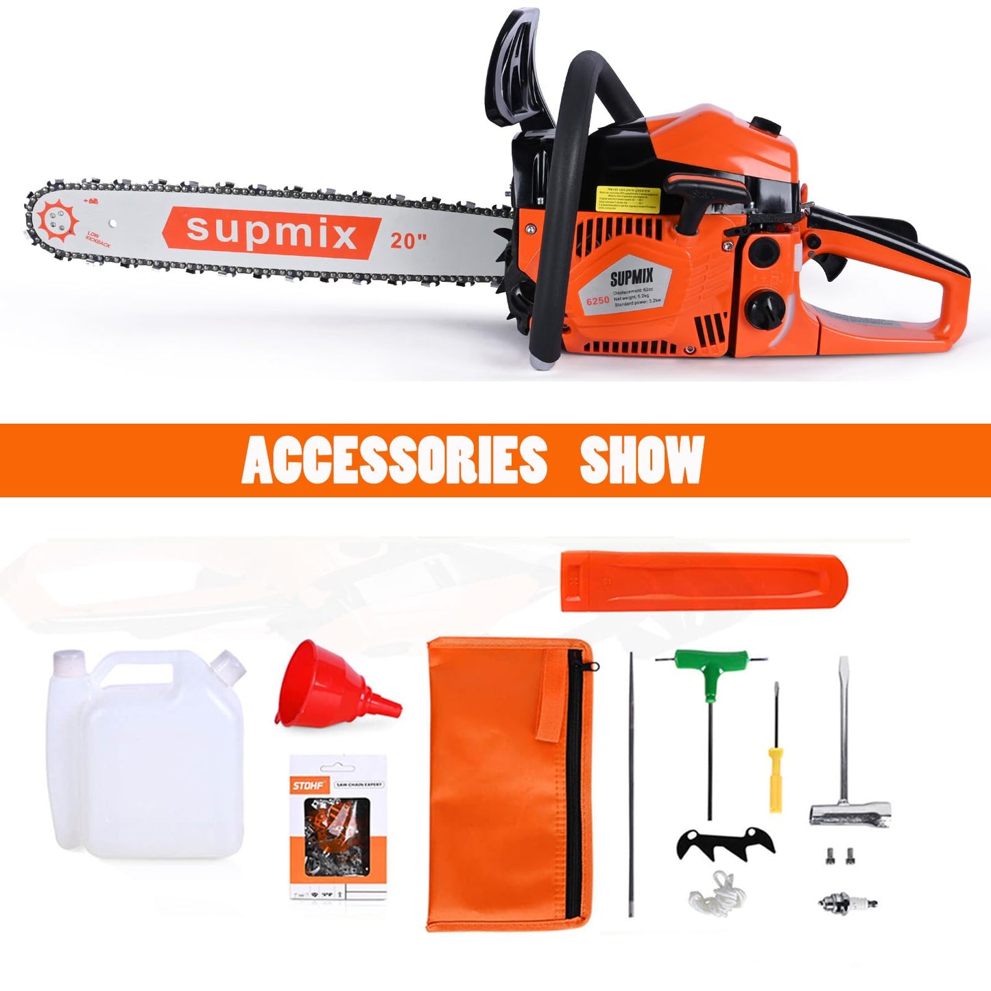 SUPMIXTOOLS 62cc Gas Chainsaw 20 Inch Gas Powered Chainsaws 2-Cycle Petrol Handheld Gasoline Chain Saw Power Saws for Cutting Wood Tree Trimming