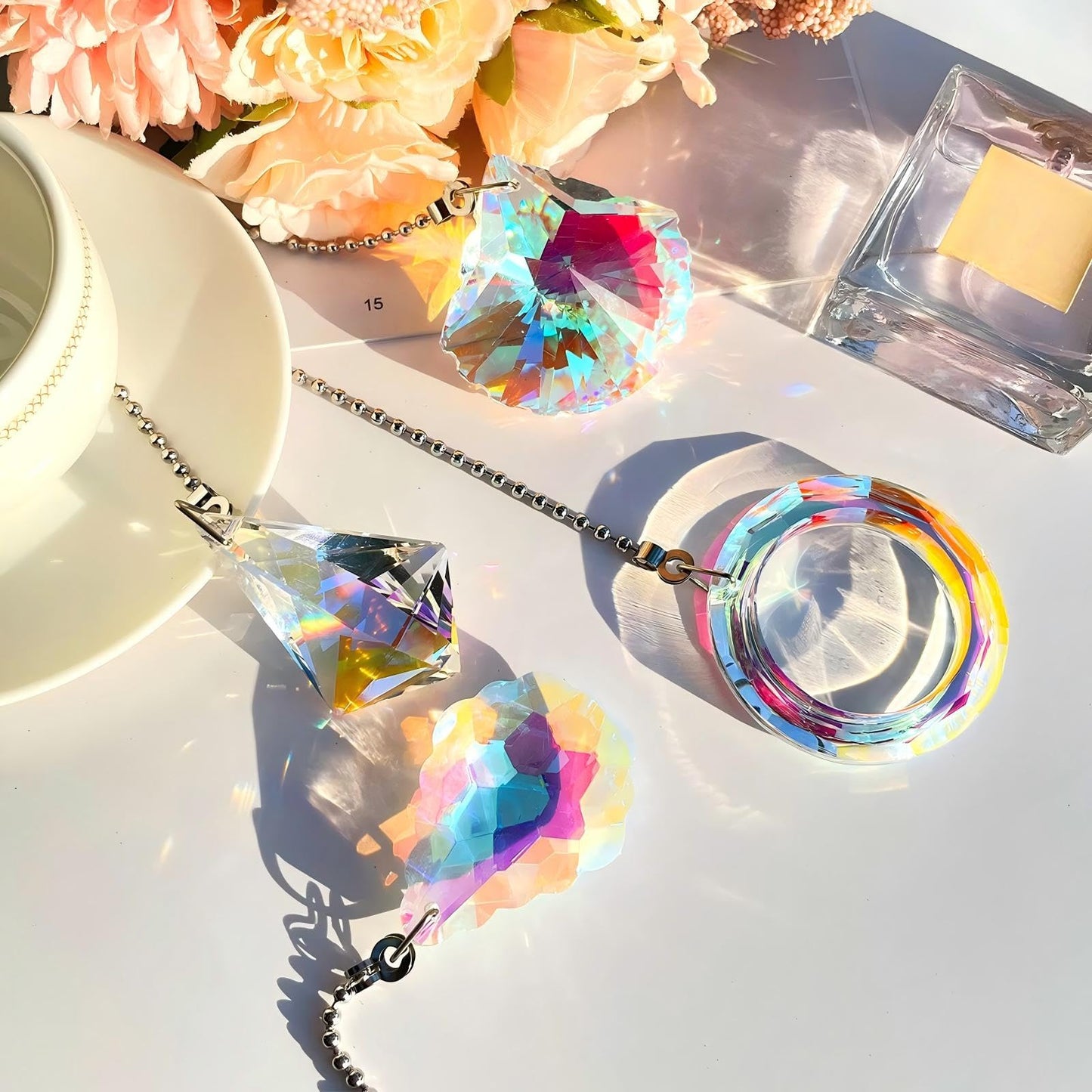 4 Pieces Crystal Ceiling Fan Pull Chain Decorative Rainbow Pull Chain Extension 20 Inch Ceiling Ornament with Ball Connector(Water Drop, Shell, Diamond, Ring)