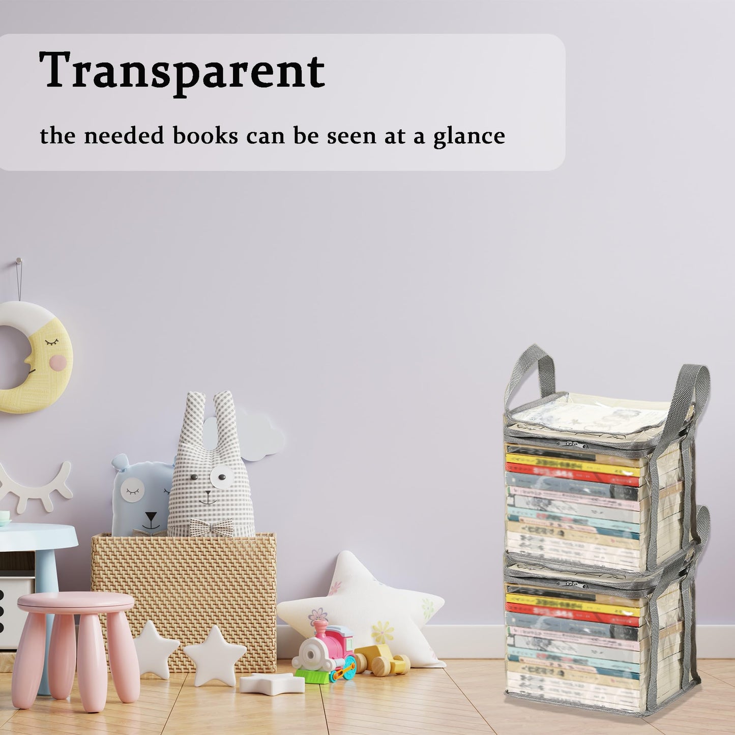 XLANMAY 2PCS Clear Book Storage Bag Plastic Comic Books Organizer Collapsible Book Display Case with Lid and Lifting Handle for Books Used Toys 38x24x32cm/15x9x13inches