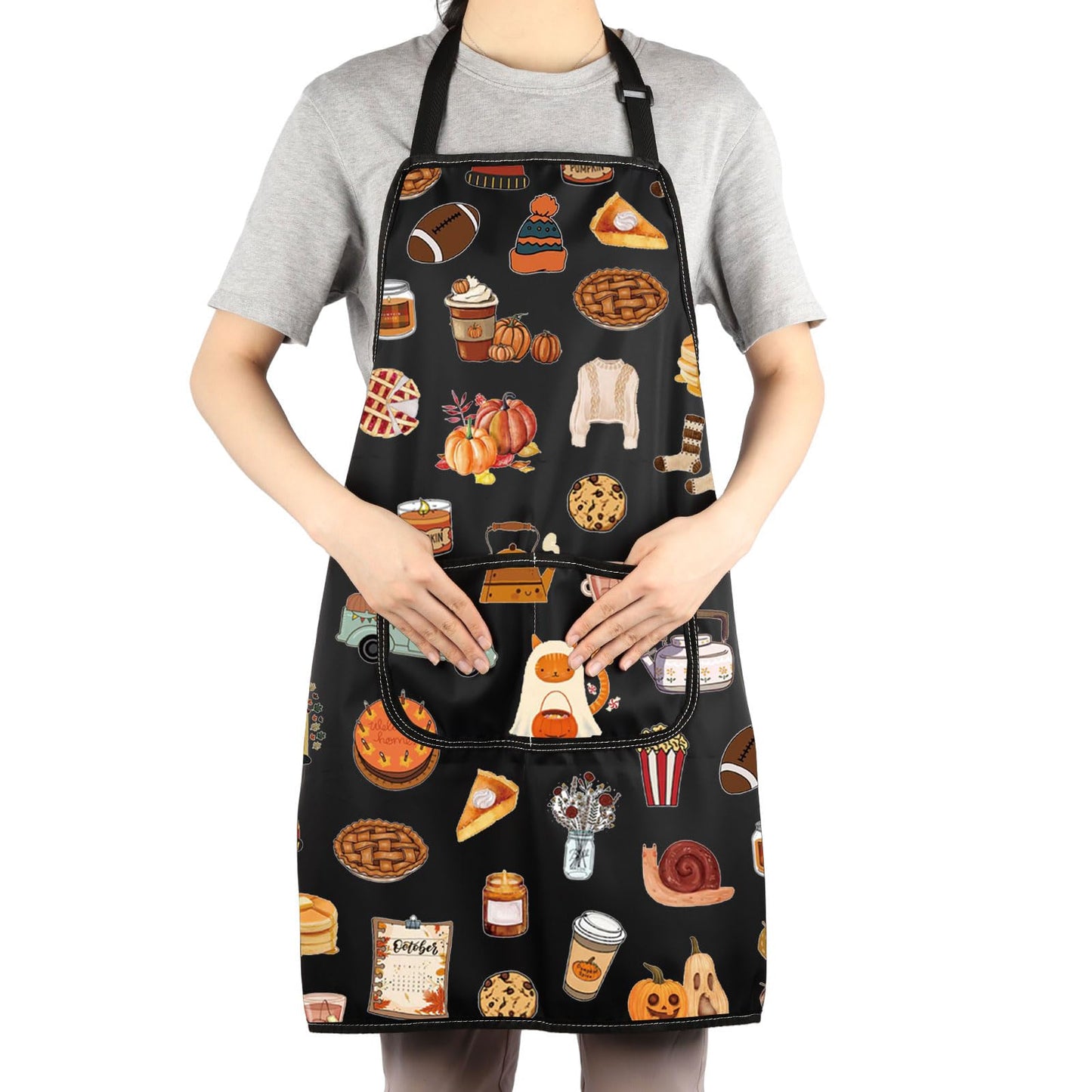G2TUP Fall Vibes Kitchen Apron Autumn Apron With Pockets Pumpkin Season Apron Fall Theme Kitchen Gifts (CatSweater)