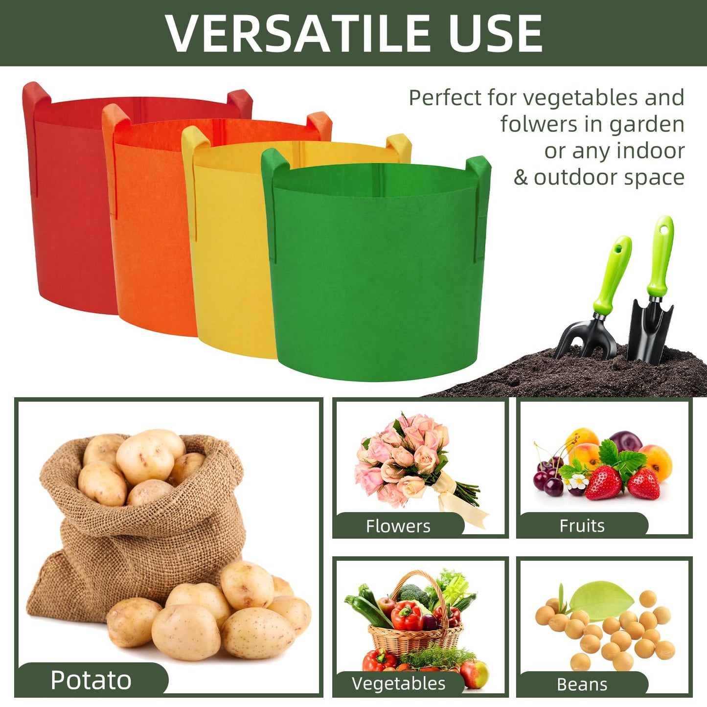 Ohiyoo 6 Pack 10 Gallon Grow Bags, Colorful Fabric Plant Pots with Handles, Garden 10 Gal Fabric Grow Pots, Vegetable Plant Growing Bags for Garden (10 Gallon)