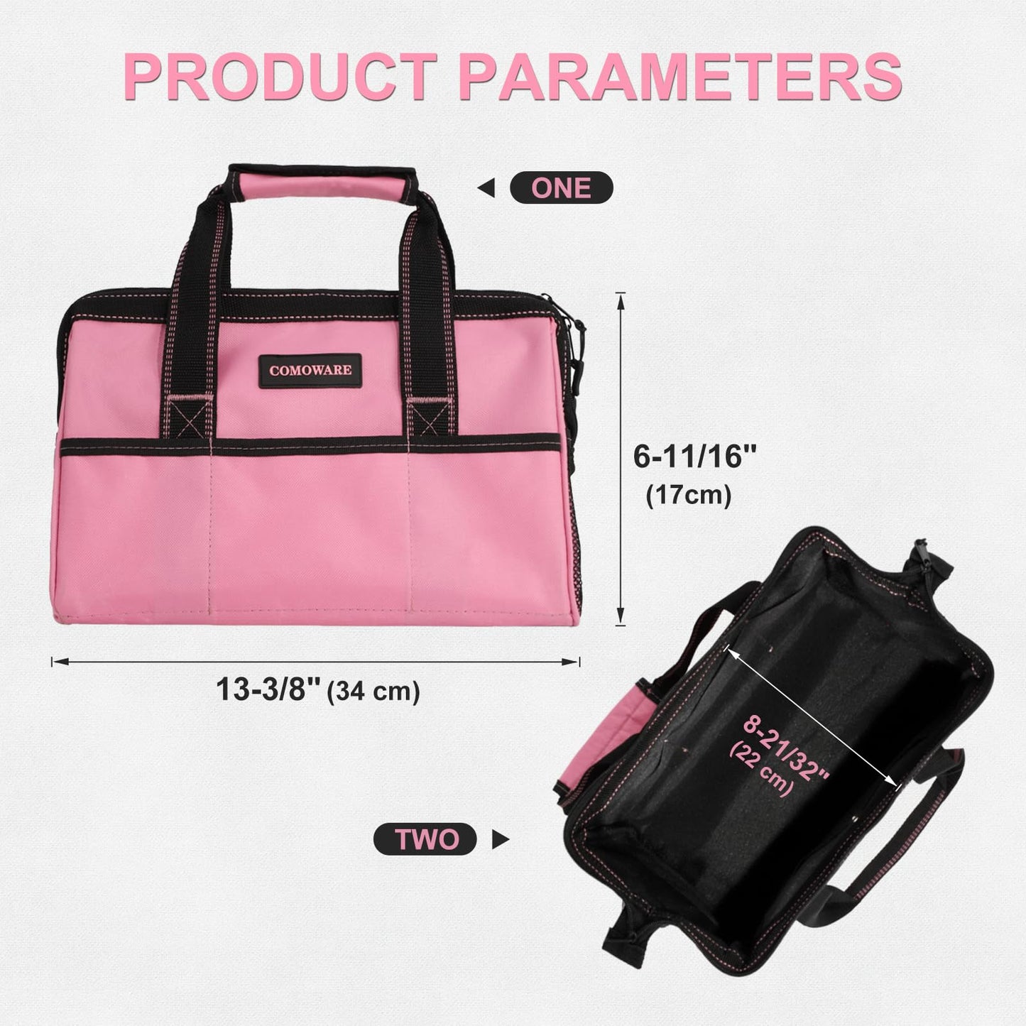 COMOWARE 13-Inch Tool Bag, Pink Soft Storage Bags with Inside Pockets, Wide Mouth Pink Tool Tote Bag