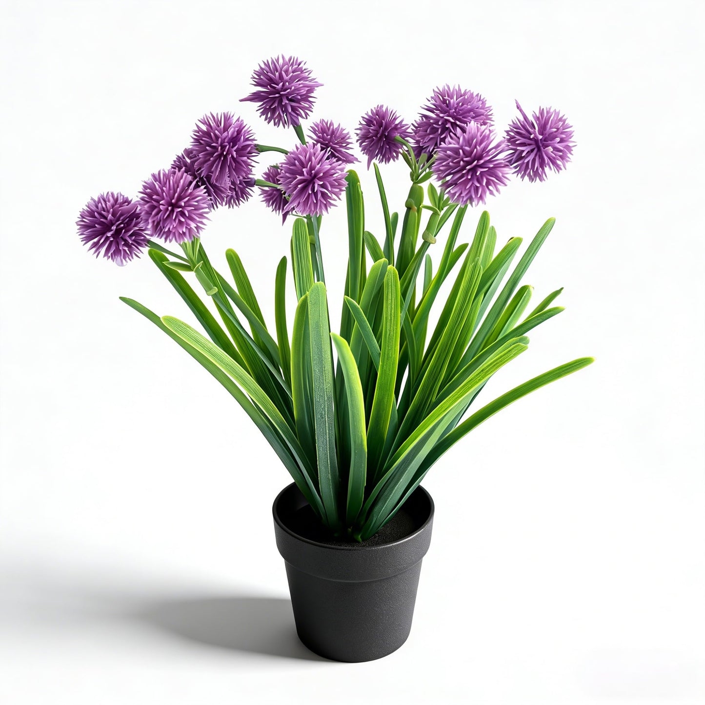 MONOID Small Artificial Allium Plants Fake Purple Pompom Flowers Potted Faux Onion Grass in Black Pots for Shelf Desk Home Office Bathroom Farmhouse Table Decor (Lavender Purple)