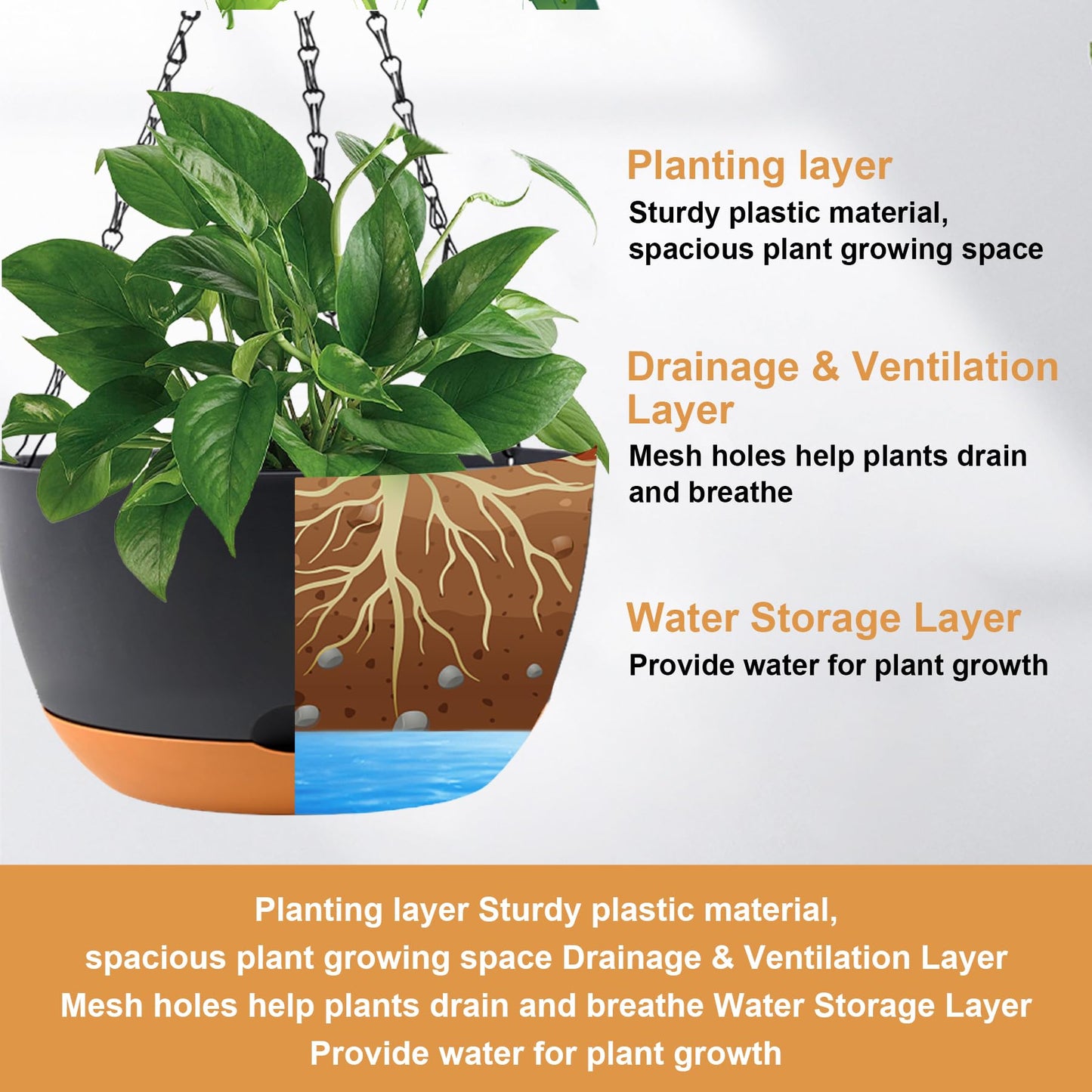 KPUVX 4 Pack Plastic Hanging pots for Plants Indoor,8 Inch Plant Pot Indoor Outdoor Hanging Baskets,Hanging Flower Pots with Drainage Holes and Chain for Garden Porch Plants(Black)