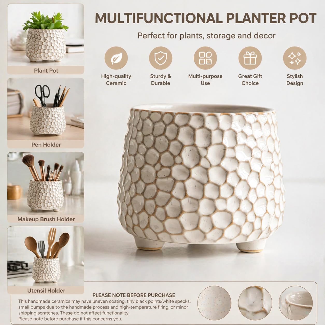 Rustic small 4inch ceramic planter pot for succulent cactus and Indoor Plant, No drainage hole, Short wide mouth small ceramic flower vase for farmhouse,Ceramic Crock ,Countertop Utensil Crock Holder