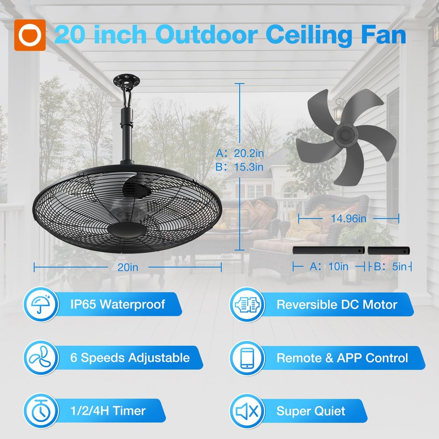 addlon Outdoor Fans for Patios, 20 inch IP65 Waterproof Gazebo Fan Remote&APP Control, 6 Speeds, Quiet, DC Motor, Plug in Ceiling Fan with Hook Hanging Caged Fan for Pergola Porch Canopy Backyard