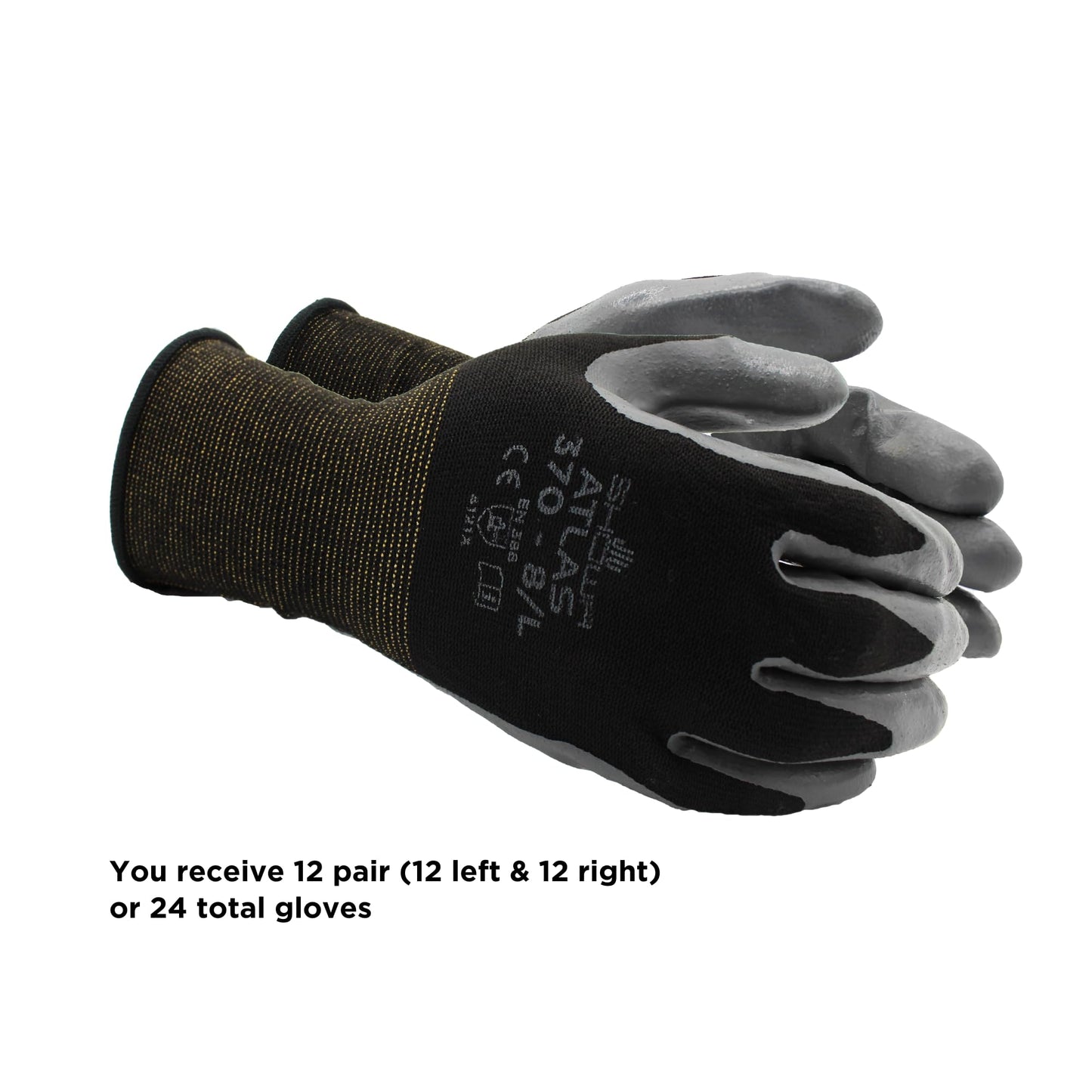 SHOWA Atlas 370B Professional Nitrile Work Gloves, Breathable High-Dexterity Precision Grip for Landscaping, Gardening & Assembly, General Purpose Gloves, Black, X-Large, 12-Pack