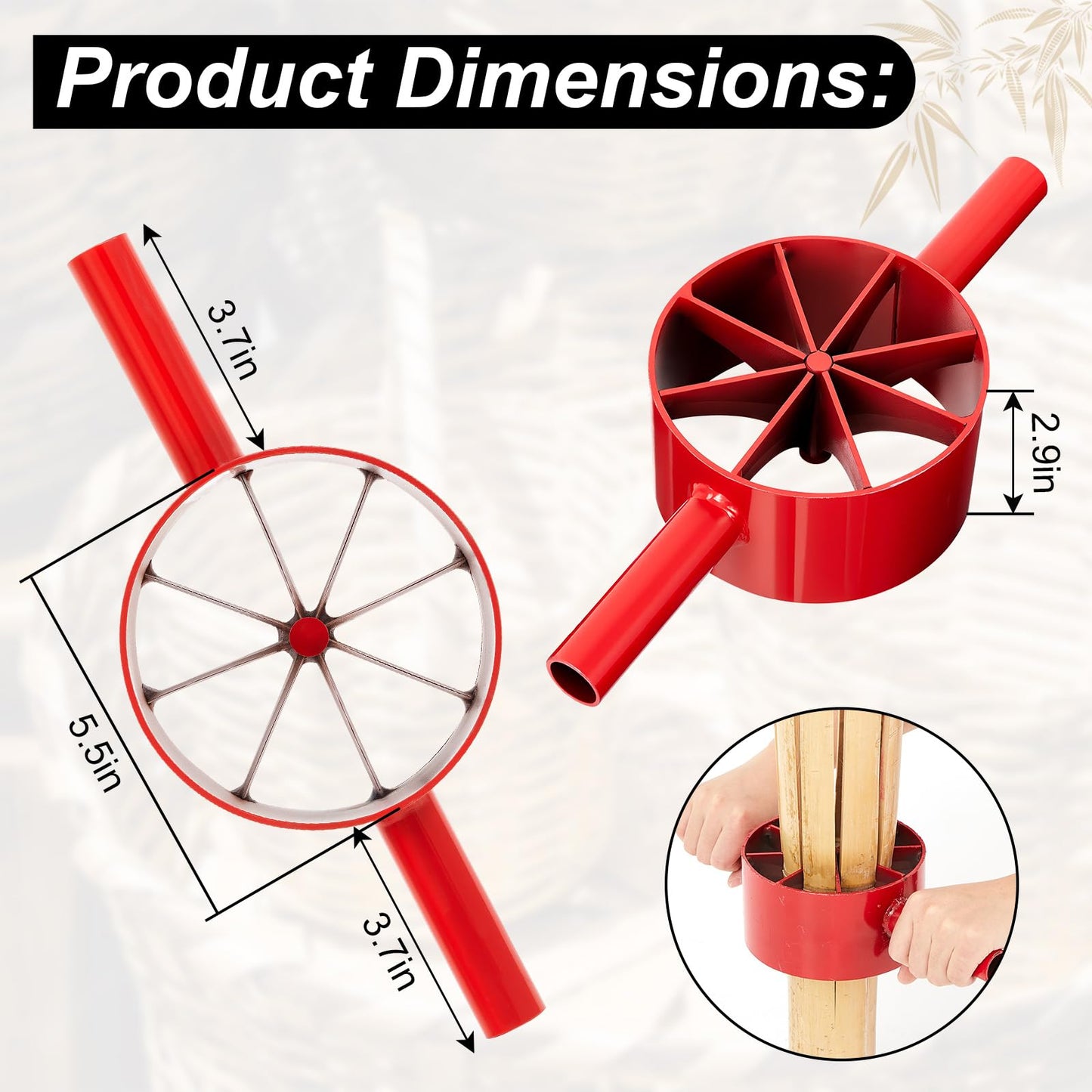 Lanties Bamboo Splitter 5.5 Inch Bamboo Split Steel Manual Dividing Splitting Tool with Both Side Handle Blade for Farm Backyard Workplace, Easy to Use, Red(8 Cut)
