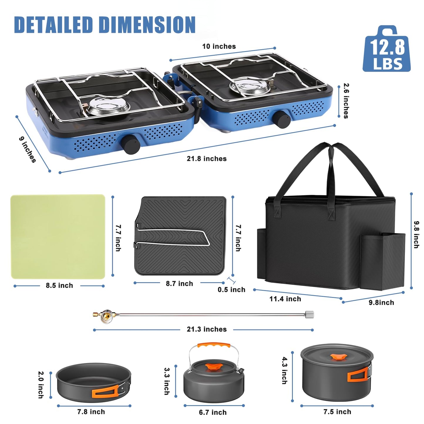 Hisencn 2 Burner Propane Camping Stove, 30000 BTU Foldable Portable Gas Stove with Cookware Set & Carry Bag, Outdoor Cooking for Camping, RV, Emergency Use, Blue