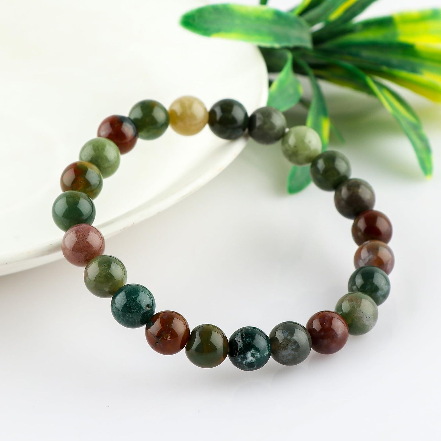 CRYSTALINES Natural Indian Moss Agate Gemstone Stretchable Bracelet for Men Women, Handmade Bohemian Stretch Jewelry, Chakra - Healing - Yoga - Spiritual, Unisex Stretch Bracelets