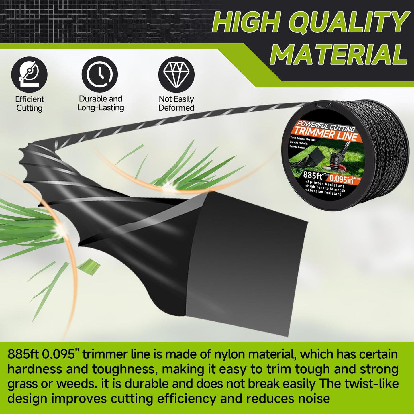 GeekNi 885ft 0.095" for Black Diamond Trimmer Line Heavy Duty Professional Twisted Weed Wacker String Spiral Trimmer Line Spool with Cutter for Echo Trimmers Line 330095073