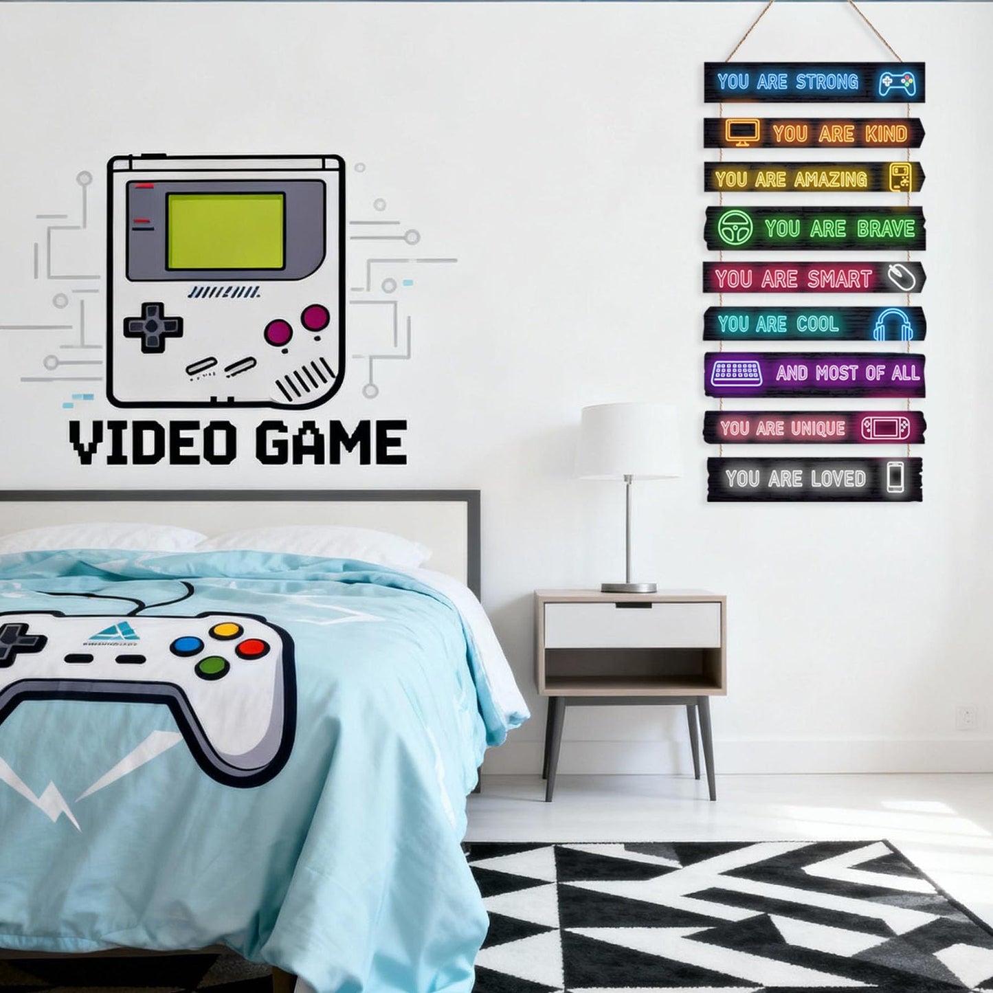 Game Room Decor for Boys, 9-Piece Gaming Wall Art with Inspirational Quotes, Gamer Themed Wooden Signs for Kids Bedroom, Video Game Playroom & Boys Room Wall Decor
