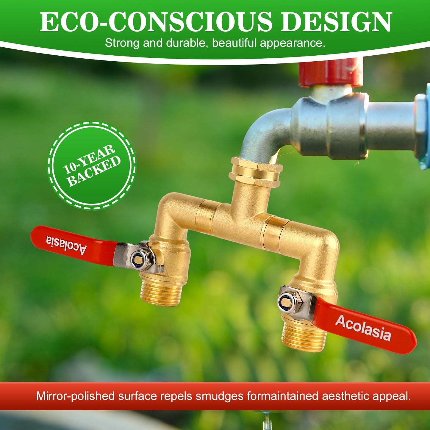 Hose Splitter 2 Way Heavy Duty Brass Garden Hose Splitter with 360° Rotatable, 304 Stainless Steel Long Handle Outdoor Full Flow Hose Splitter Connector, 3/4" GHT Thread