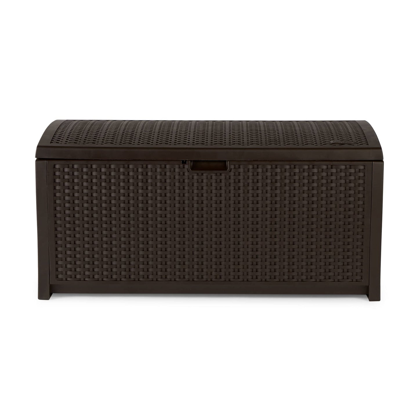 Suncast Outdoor Storage Box - 73 Gallon Mocha Brown Deck Box for Patio, weather-resistant Outdoor Storage Bench, Resin Wicker Style, Heavy-Duty, Lockable Lid for Cushions, Shoes, Pool & Garden Gear