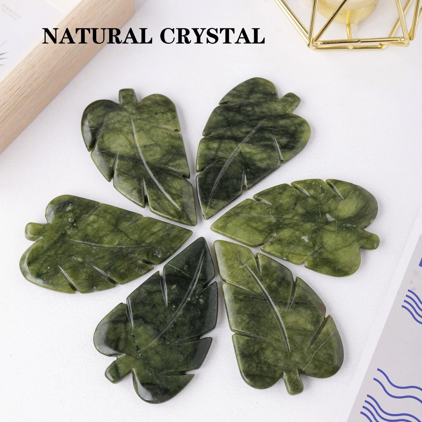 Runyangshi 1PCS Natural Green Jade Stone Hand-Carved Crystal Leaves Sculpture Leaf Shape Crystal Healing Stone Figurines Reiki Gemstone Collection Home Decor Desk Decor