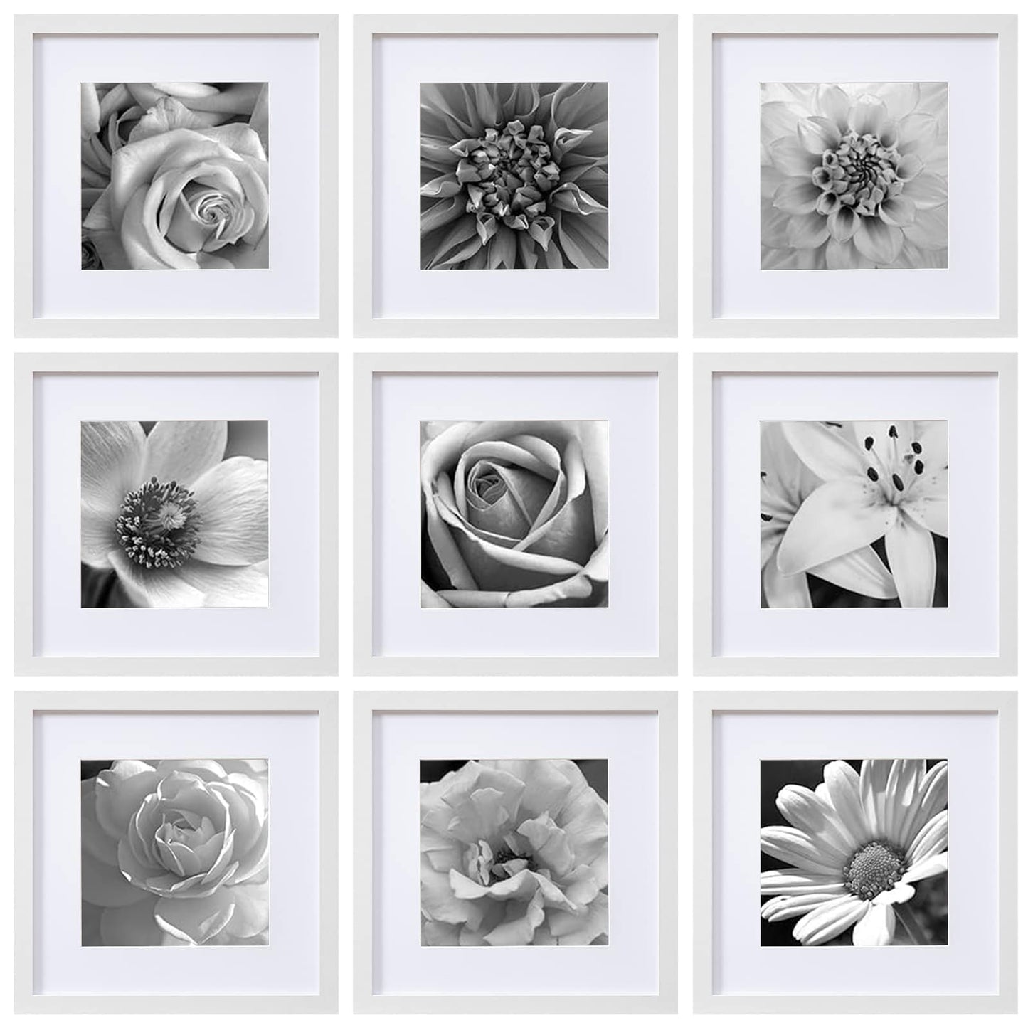eletecpro 12x12 Picture Frames Set of 9 with Clear Acrylic Cover, Display 8x8 Photos with Mat or 12x12 Without, Classic and Sturdy Square Collage Gallery Wall Decor, Easy Wall Mount, White
