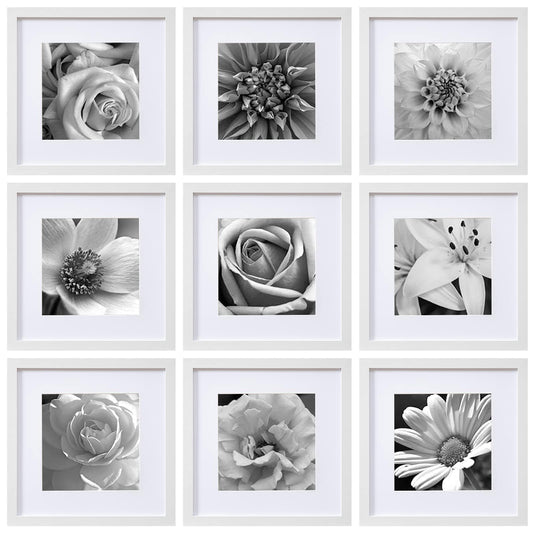 eletecpro 12x12 Picture Frames Set of 9 with Clear Acrylic Cover, Display 8x8 Photos with Mat or 12x12 Without, Classic and Sturdy Square Collage Gallery Wall Decor, Easy Wall Mount, White