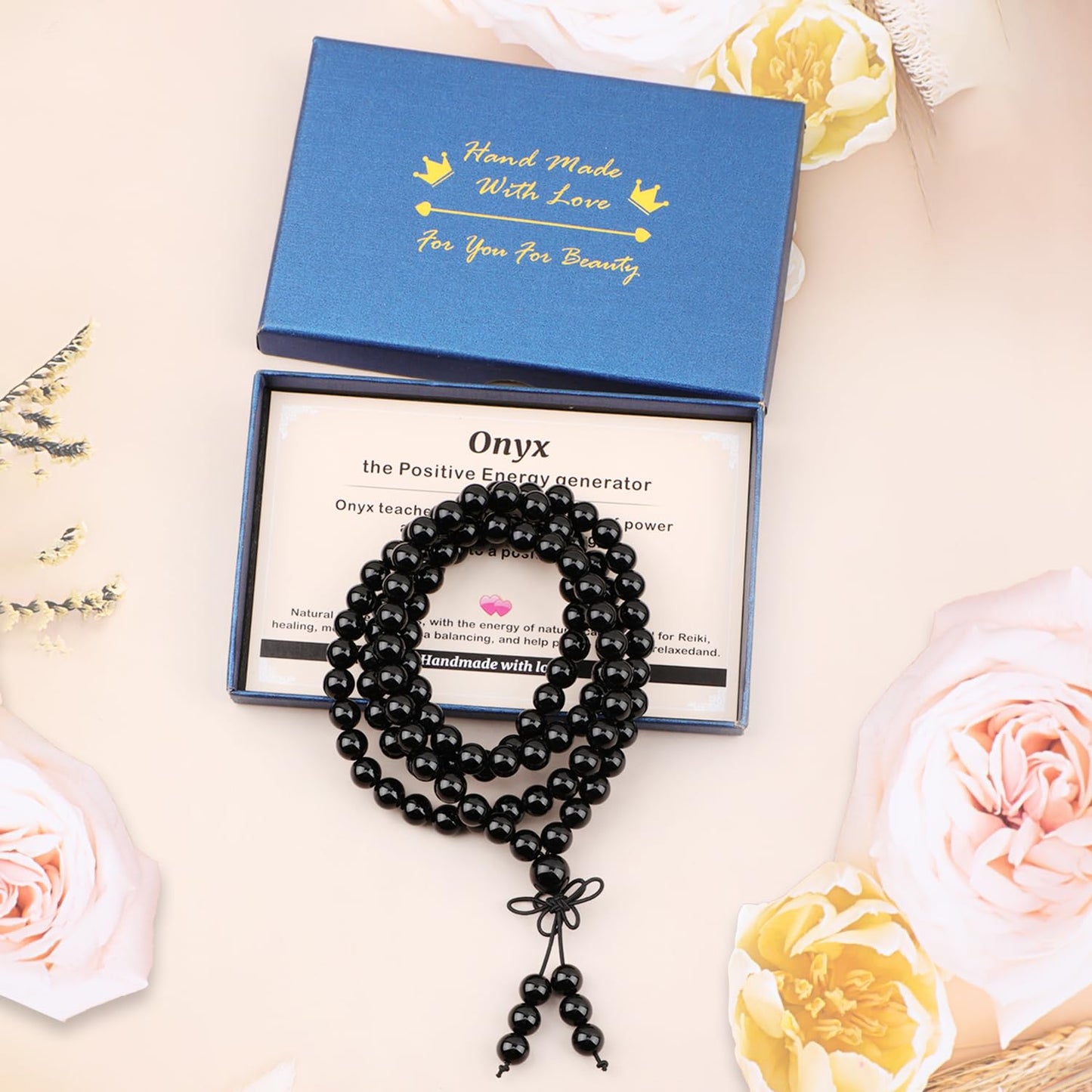 AD Beads 8mm 108 Prayer Mala Onyx Elastic Bracelet - Positive Energy Generator - Handmade Yoga Meditation Healing Power Energy Gifts for Unisex Adult.