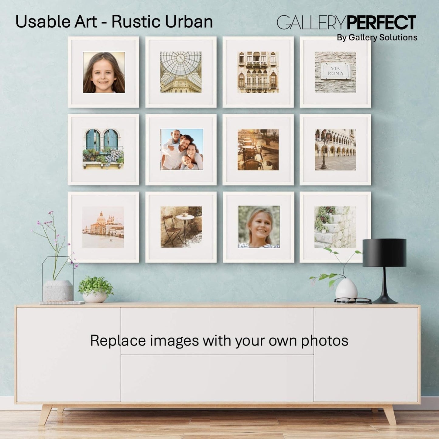Gallery Perfect - 12-Piece White Square Photo Frame - Set with Hanging Template - Wall Gallery Kit - 16.5"x10.2"x16.7" - Square Wall Mount - Complete Set - Galley Wall - Picture Frame Set