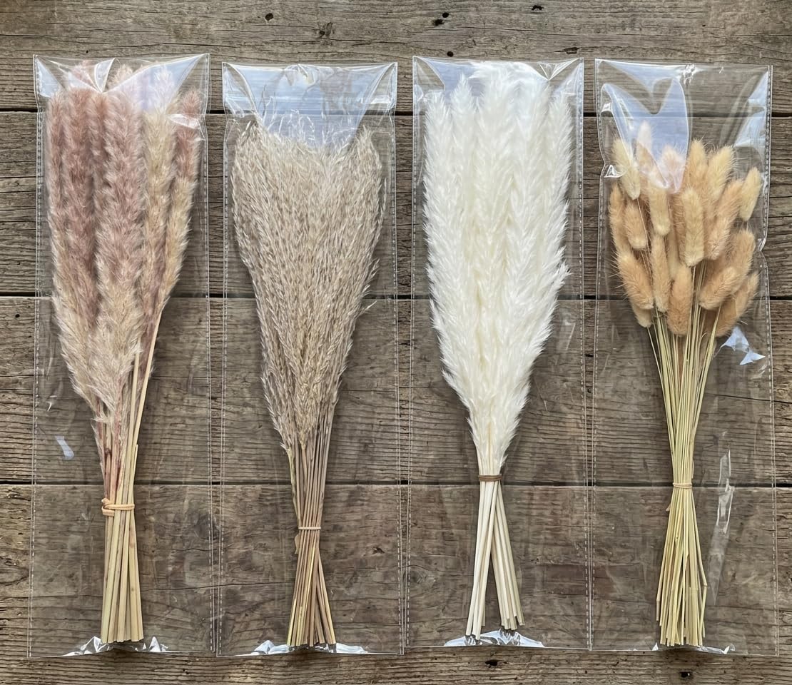 110 Stems Dried Pampas Grass, Boho Table Decor Natural Reed Phragmites Grass + Brown & White Pampas Grass + Bunny Tails Flowers Bouquet for Wedding Floral Arrangements Farmhouse Home Rustic Wall