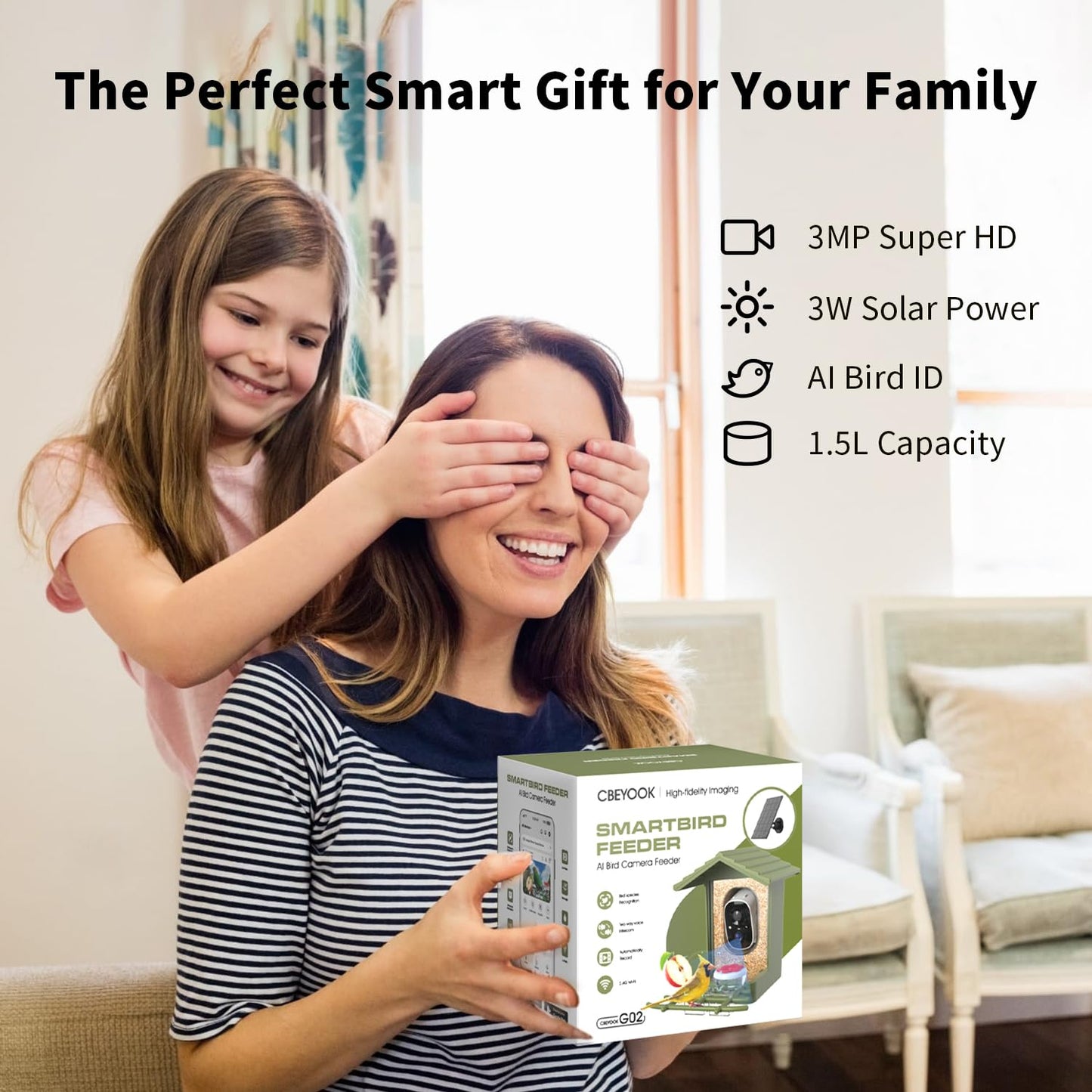 cbeyook Smart Bird Feeder Camera with AI Species Identifier | Solar Powered, 2.5K HD Video, Motion Alerts - Outdoor Garden & Birdwatching Gift