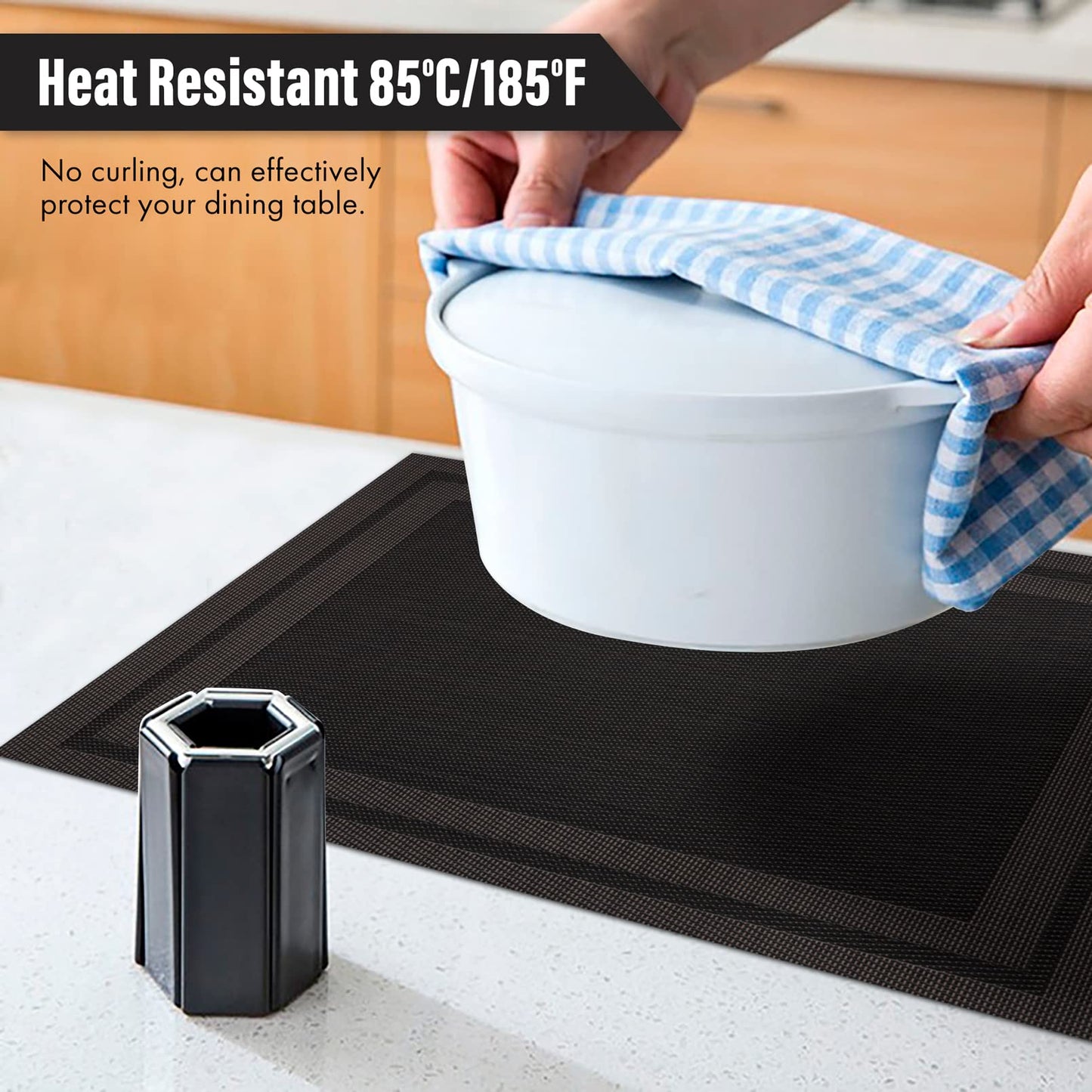 Winknowl Placemats Set of 4，Heat Resistant Woven Vinyl Washable PVC Place Mats，Non-Slip Stain Resistant Indoor/Outdoor Table Mats for Dining Table (Black Brown)
