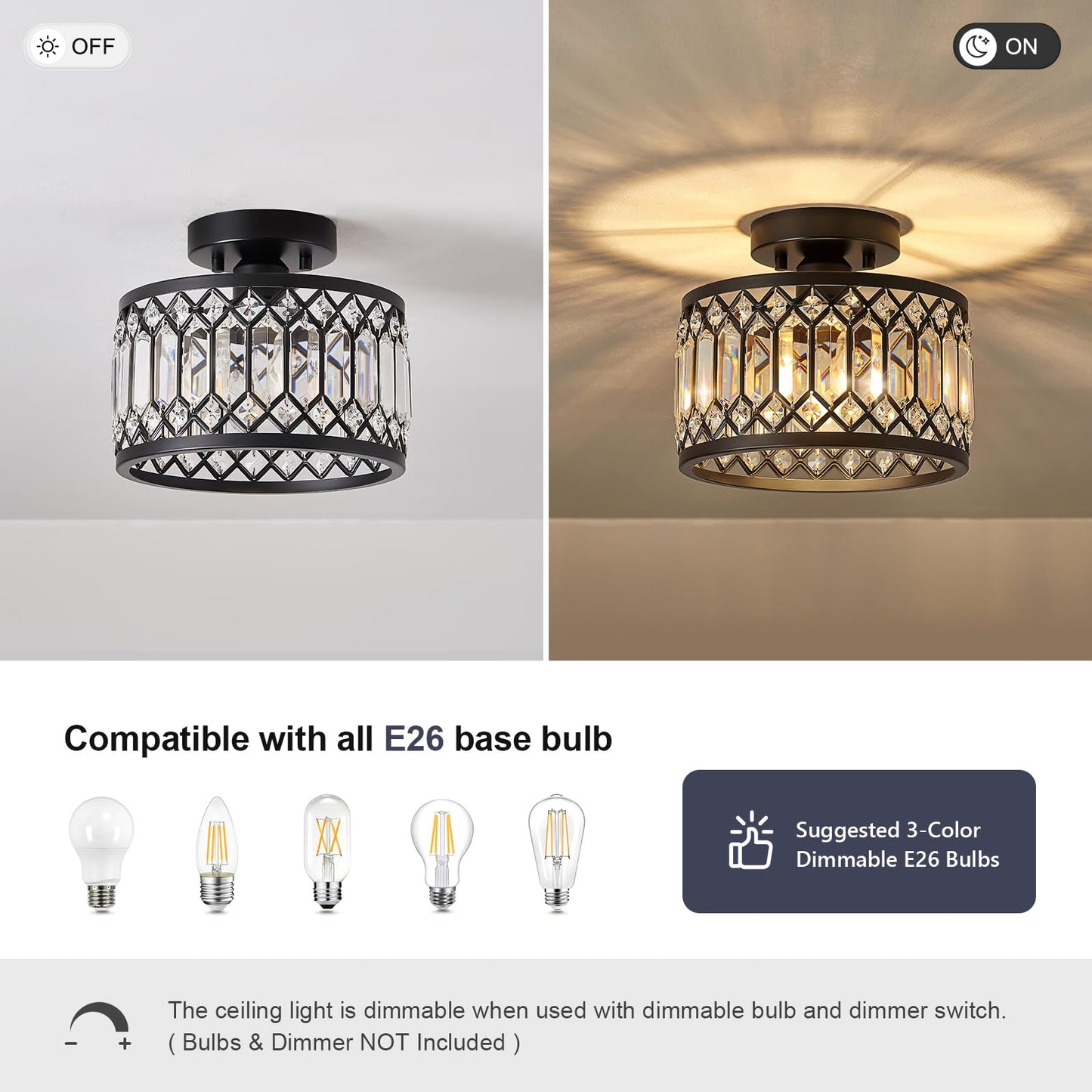 Pevfah Crystal Black Ceiling Light, Modern Semi Flush Mount Ceiling Lighting Fixture, Round Hallway Lighting Fixtures for Kitchen Entryway Bedroom Laundry Room, 1-Light, 9 Inch